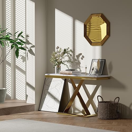 Miniatura 6 de ACEDÉCOR Mesa consola mesa de sofá de mármol sintético de 50 pulgadas con base en X espejo plateado mesa consola estrecha moderna para entrada sala