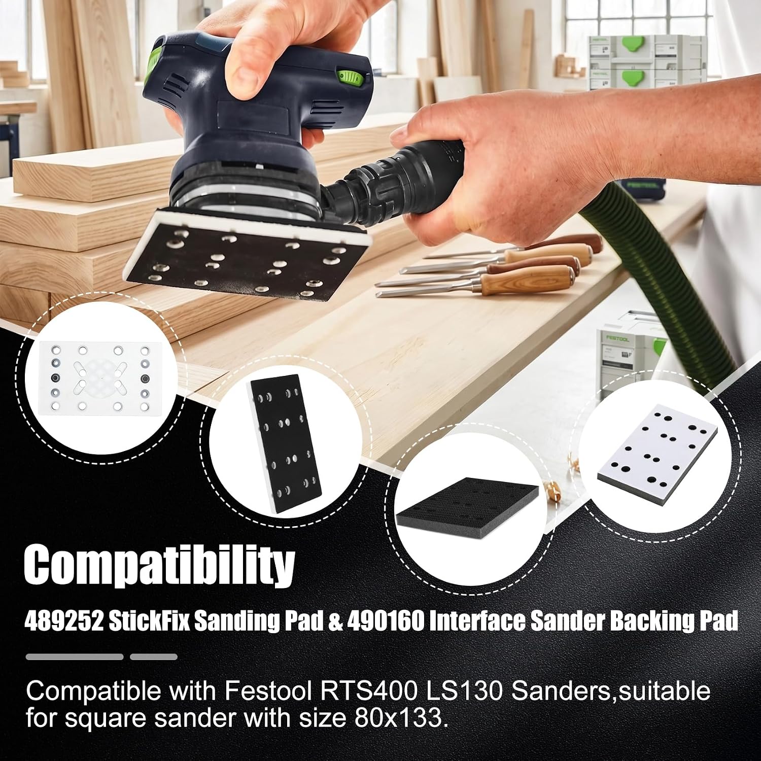 489252 StickFix Sanding Pad, 80mm×130mm, Compatible with Festool RTS/RS/RTSC 400 Random Orbit Sander, Includes 4 Pcs 490160 Interface Pad
