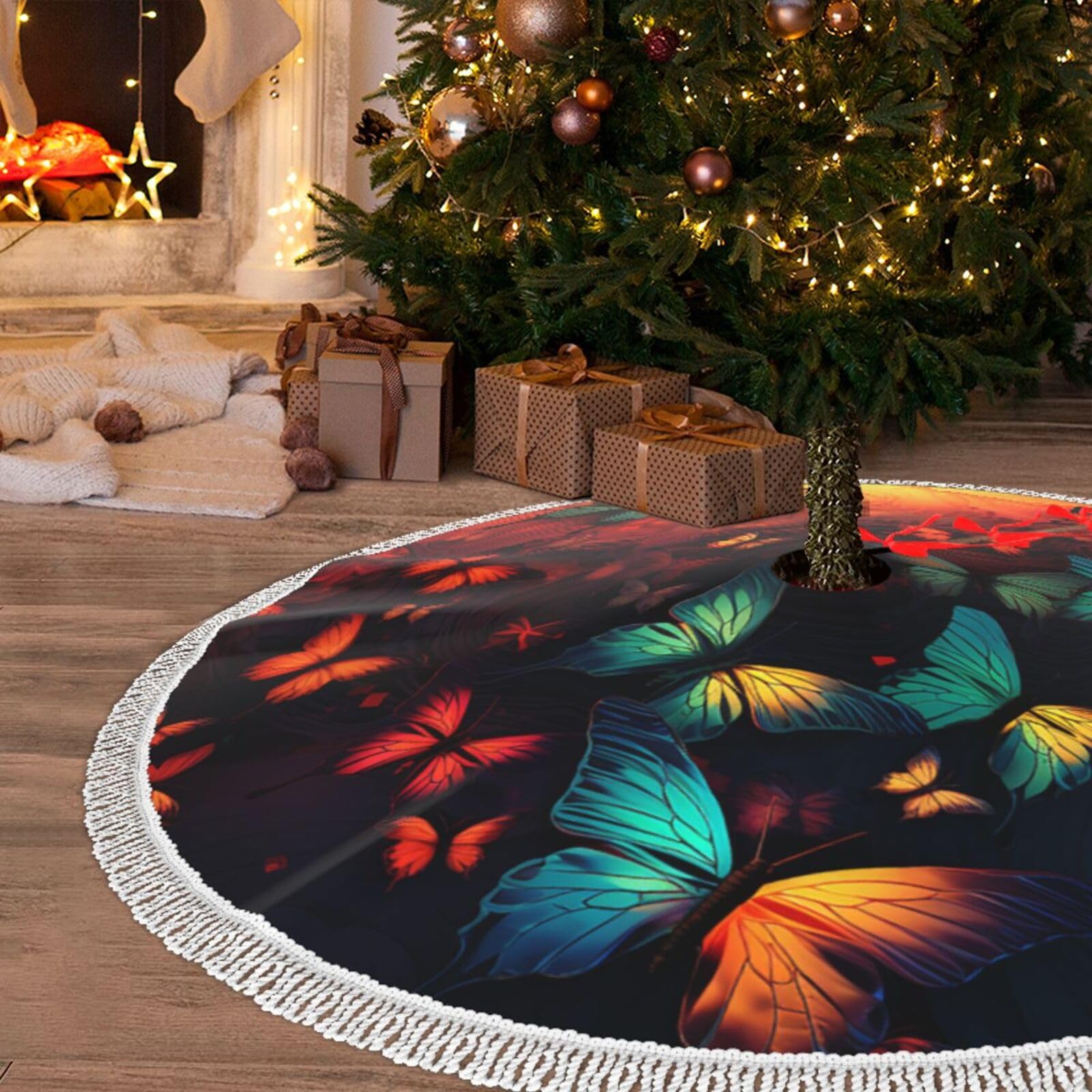 Tapis de sapin de Noël papillon pour un salon festif et coloré