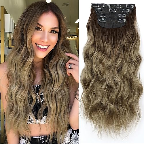 Miniatura 389 de KooKaStyle Extensiones de cabello rubio playa con clip, extensiones de cabello sintético largo ondulado y grueso, 4 piezas de 20 pulgadas para mujer