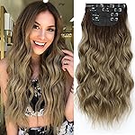 KooKaStyle Clip in Long Wavy Synthetic Hair Extension 20 Inch 4PCS Ombre Brown to Ash Blonde Hairpieces Fiber Thick Double Weft Hair Extension for Women