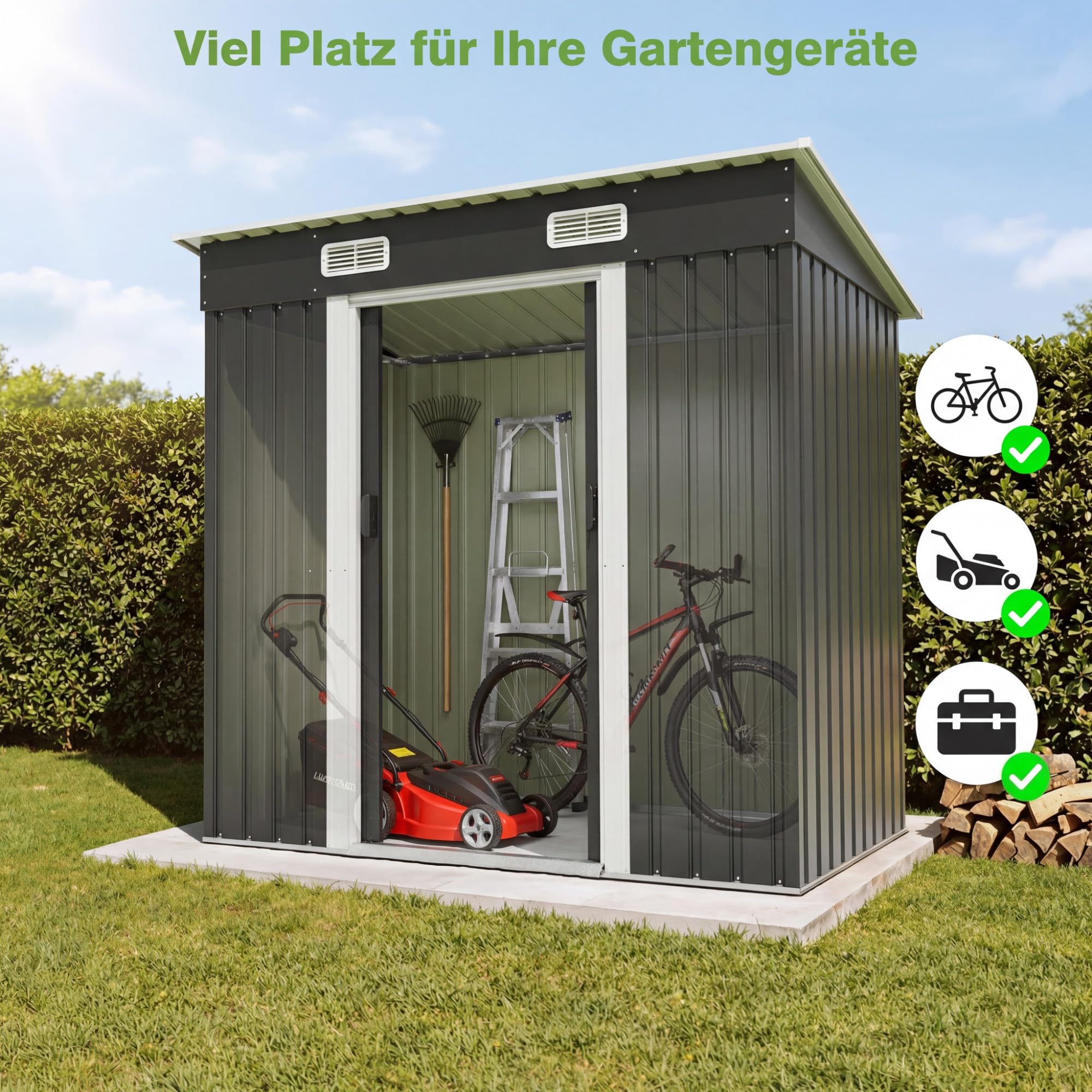 JUMMICO Metall Gerätehaus 3.63m³ 183x109x182cm Gartenschuppen mit Schiebetüre Schwarz