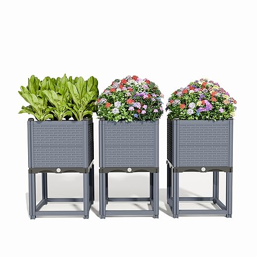 48" Self Watering Raised Garden Bed, Modular Planter Box with Water Level Indicator, Weather Resistant for Vegetables, Herbs & Flowers, 3-in-1 Configurable Design, Gray