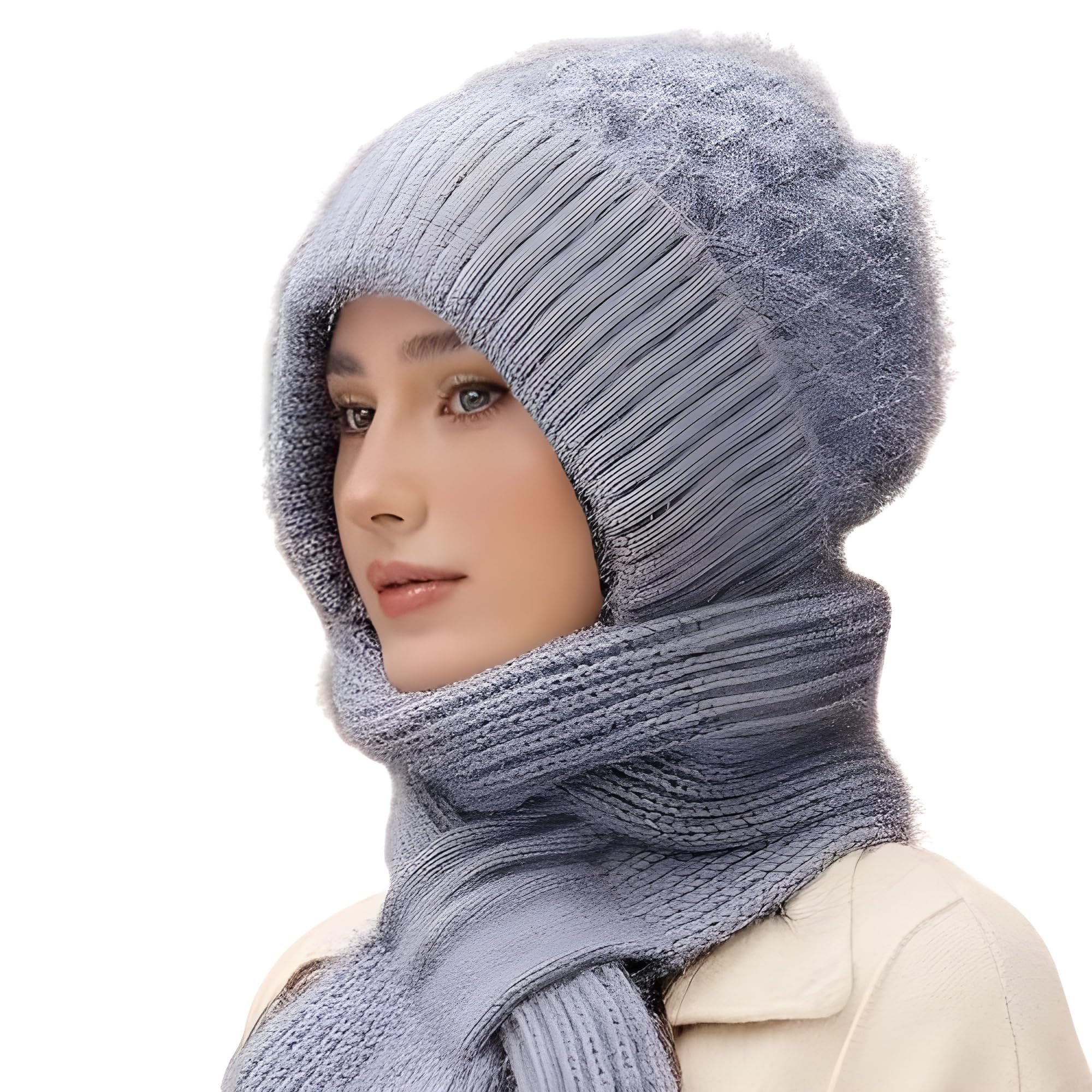 MASTANO Winter Cap for Women Woolen Cap with Muffler for Women, 2 in1 Winter Scarf Knitted Woolen Muffler (Gray) 3