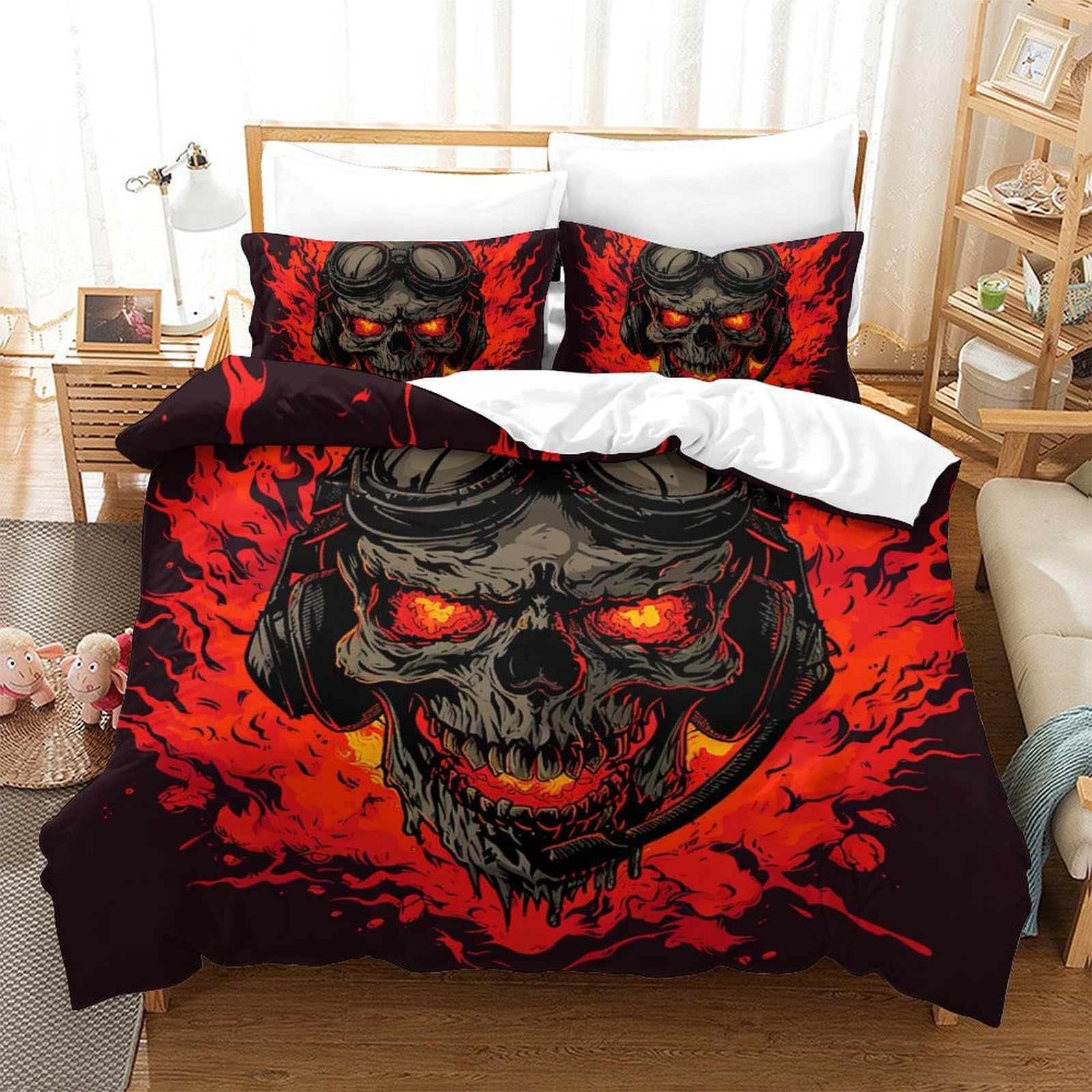 Parure de lit tête de mort 200x200 en microfibre douce avec 2 taies d'oreiller