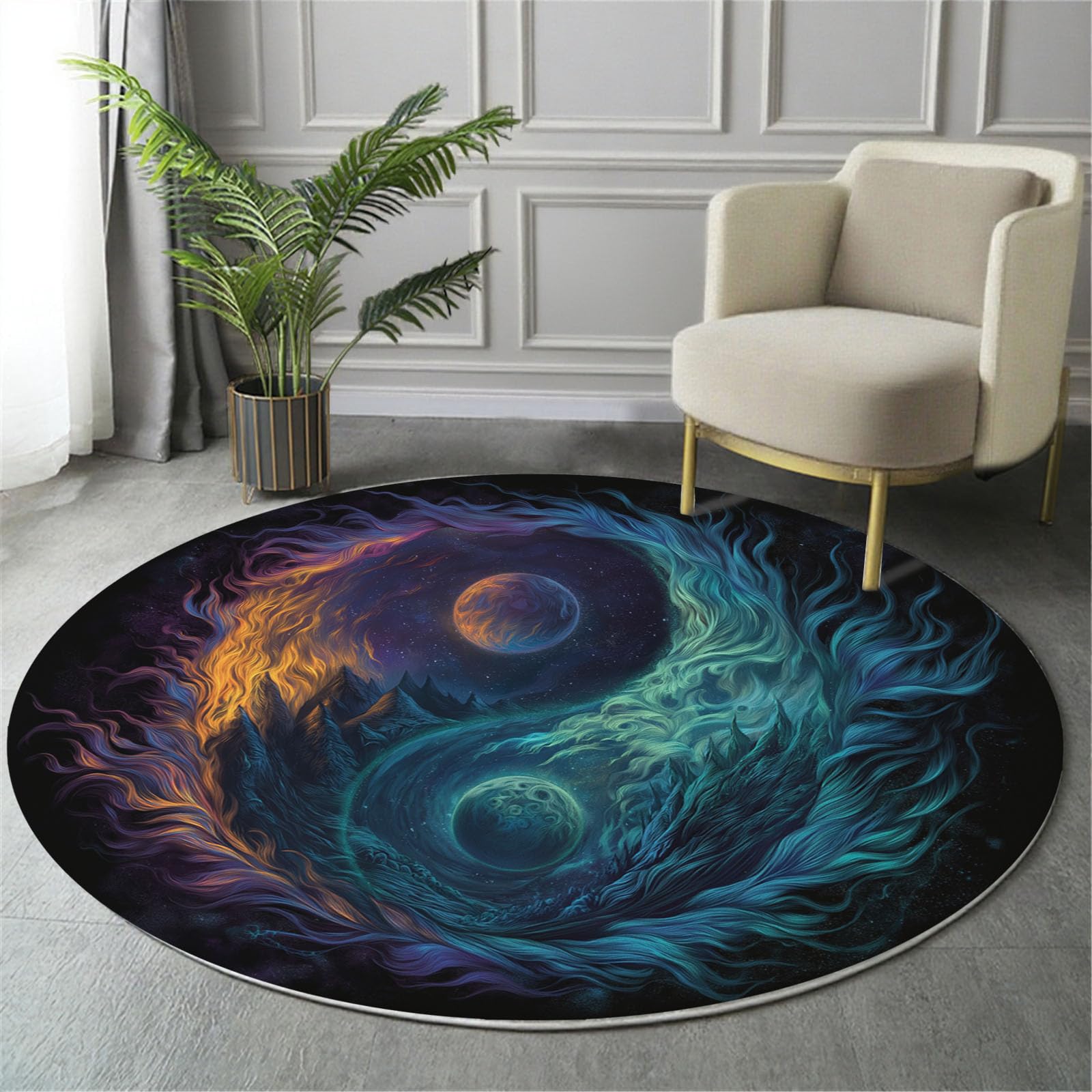Tapis rond 3D feu glace Yin Yang violet-vert 100cm pour déco salon
