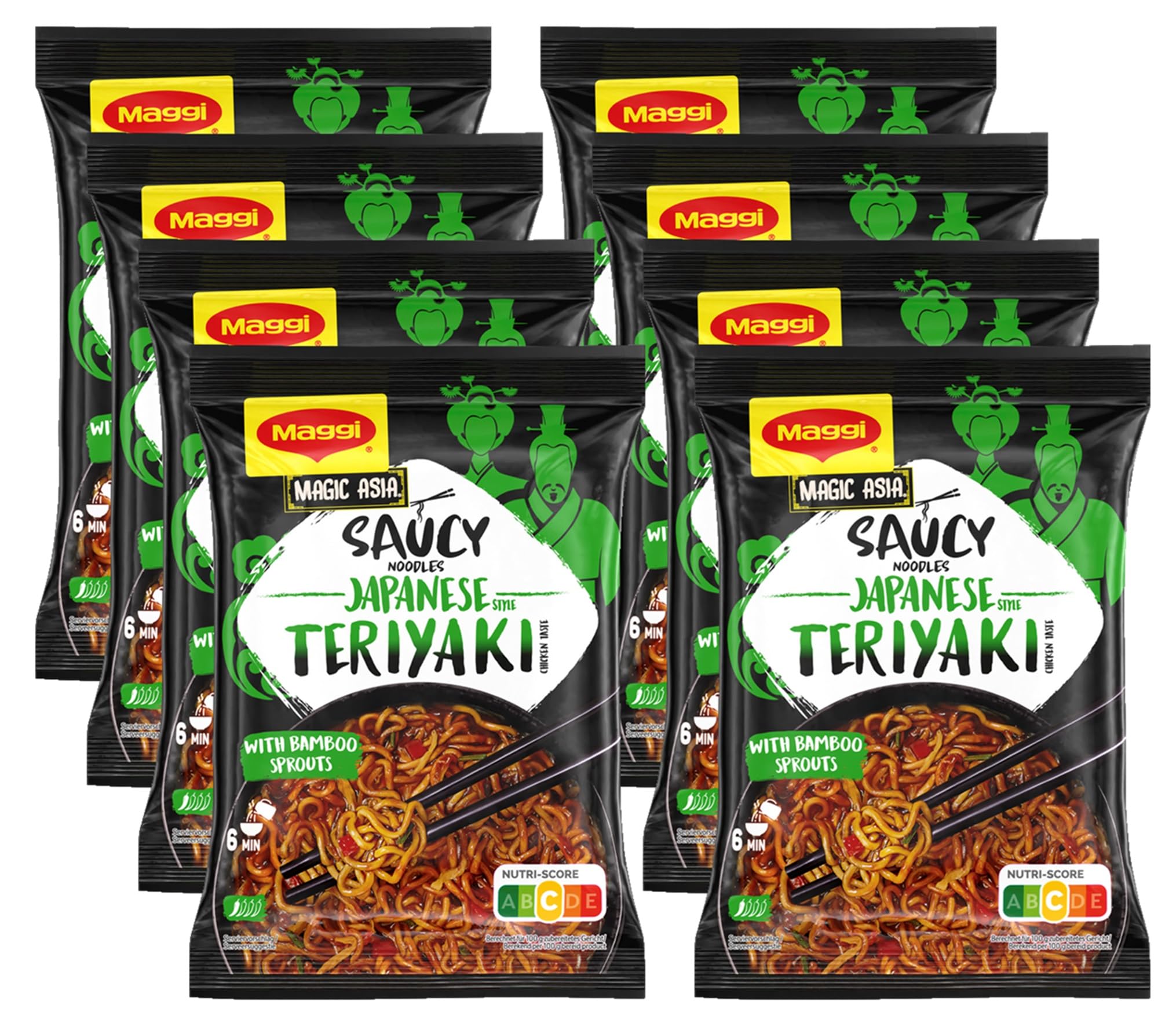 MAGGI Magic Asia Japanese Style Teriyaki Noodles Chicken Taste, leckeres Fertiggericht mit asiatischen Instant Nudeln, große Portion mit Sauce im Teriyaki-Huhn Geschmack, 8er Pack (8 x 128g)