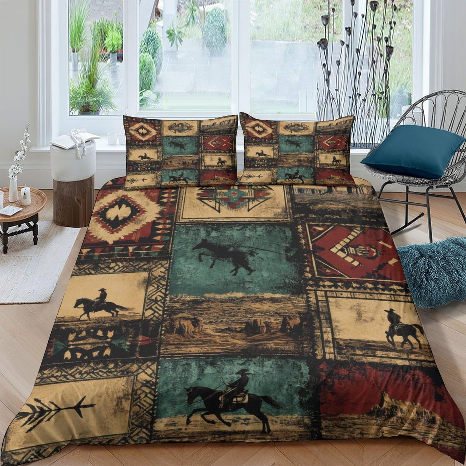 Ctjqhvkz Style-6 3D Printed Western Cowboy Fitted Sheet Microfiber Boho Rustic Patchwork Mattress Cover For Bedroom Guest Room Home Decor Single（135X200cm）