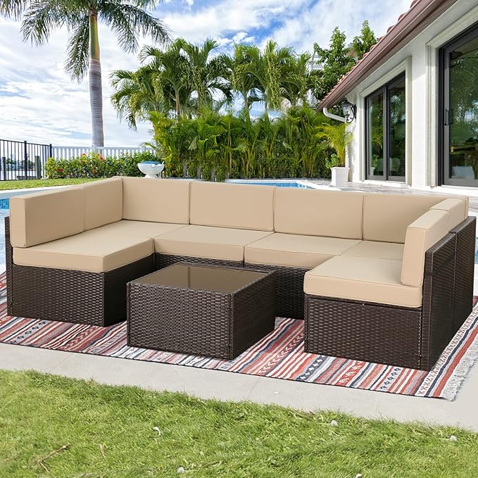 UMAX 7 Piece Outdoor Patio Furniture Set, PE Rattan Wicker