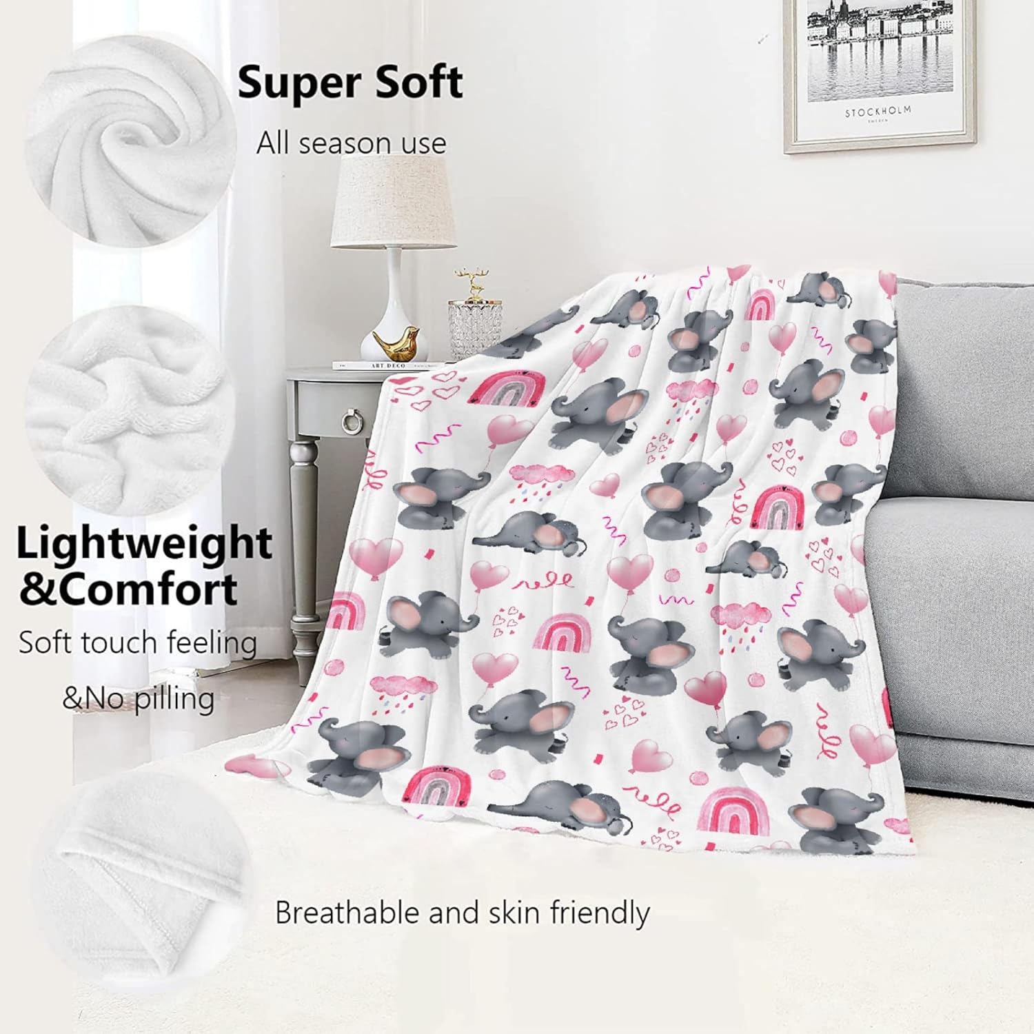 Pink Elephant Baby Blanket-Gift for Newborn Toddler Infant Kids- Elephant Rainbow Blanket for Nursery Bed Swaddle Receiving-Cozy Soft Flannel Lightweight 40"x50" for Kids Children