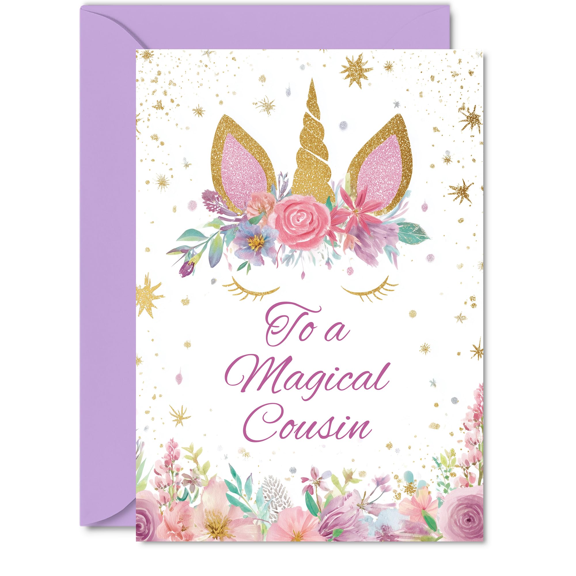 Sweet Birthday Card for Cousin - Whimsical Unicorn and Floral Sparkle - Pink and Gold Details Bring a Magical Birthday Cheer - 5X7 Inch, Envelope Included