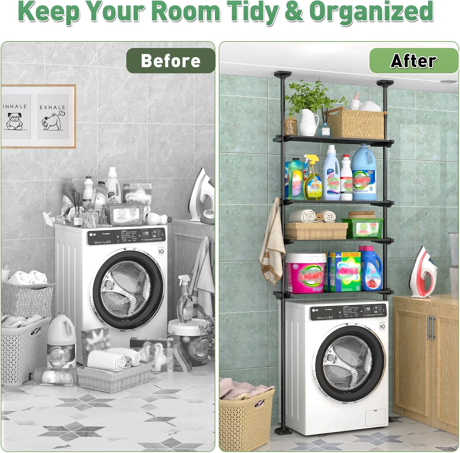 Over The Toilet Storage Shelf, 4-Tier Adjustable Over Toilet Bathroom Organizer,Tension-Mounted Bathroom Storage Rack for Ceilings, No Drill Space-Saving Shelving for Small Rooms,Black