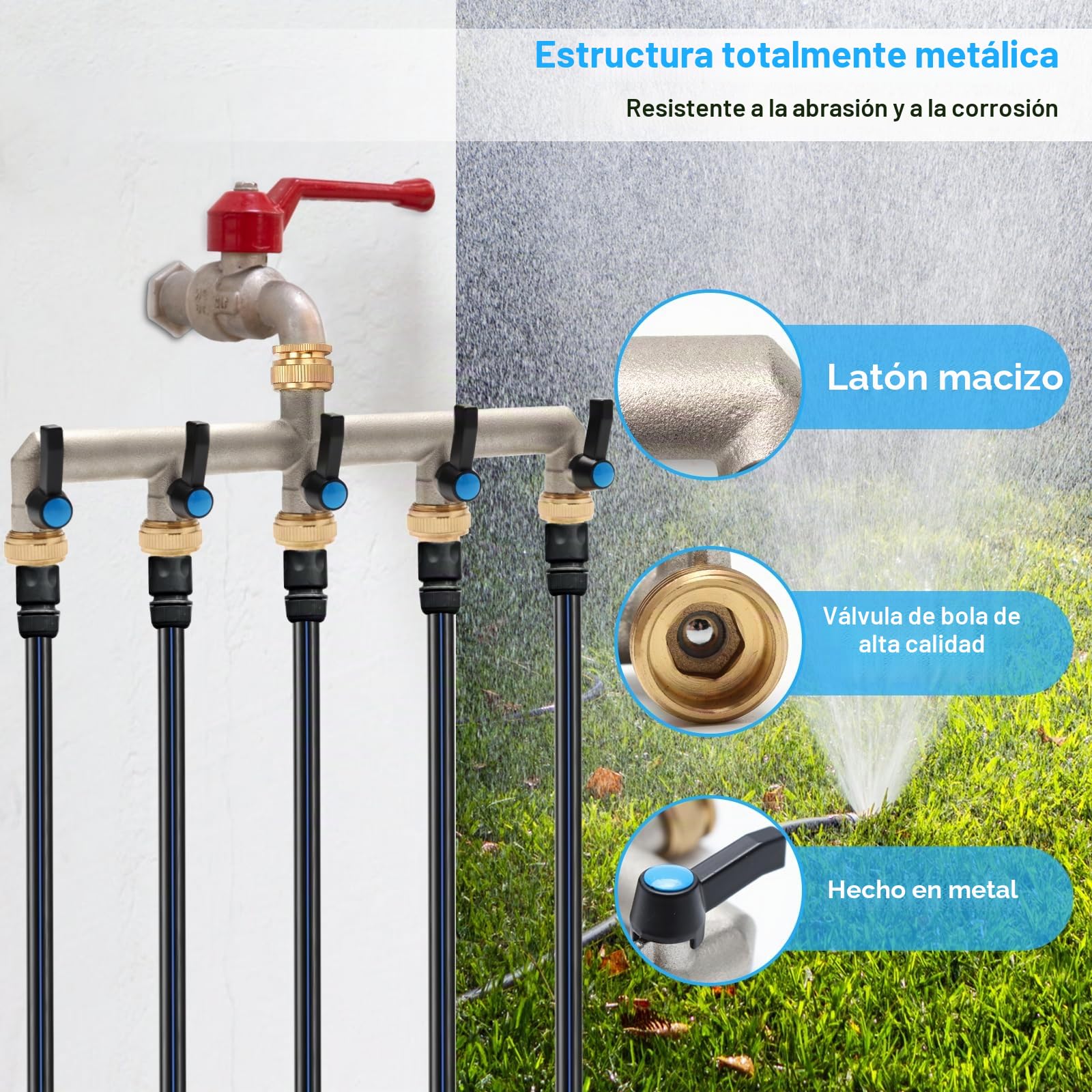 Distribuidor de Agua de 5 vías, Conector de Agua de latón, Adaptador de 3/4 Pulgadas con 5 Conectores de Grifo de 3/4 Pulgadas a 1/2 Pulgadas para casa, Patio o Lavadora