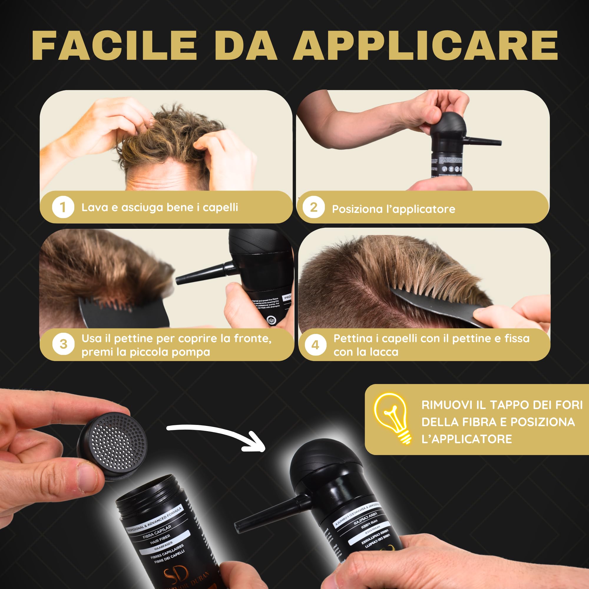 Salvathor Duran Fibre Capillari 25 g - Fibre Capelli Uomo - Fibre Cheratina per Capelli - Kit Premium con Applicatore, Pettine Contorno, Pettine Volume e Fissatore
