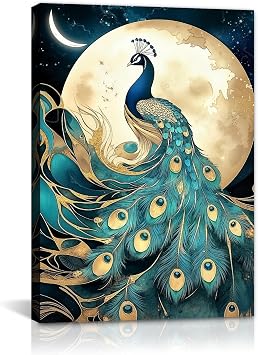 GLOKAKA Peacock Canvas Wall Art Full Moon Peacock Pictures Print Elegant Bird Paintings for Living Room Bedroom Home Wall DecorArtwork-1,12"x18"