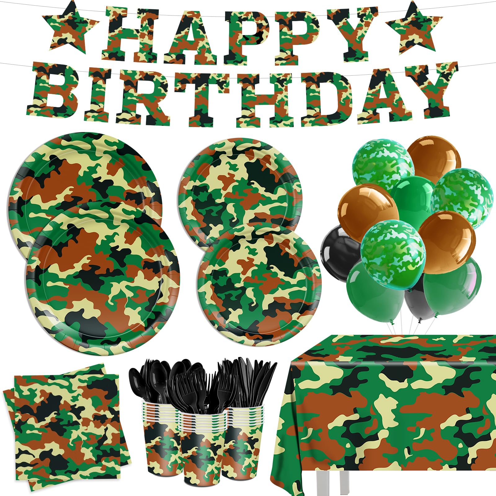 206pcs Camo Party Decorations Paper Plates Napkins Camouflage Tableware Set Disposable Cups Forks Knives Spoons with Camo Tablecloth Banner for Boy Camouflage Hunting Military Birthday Party Supplies