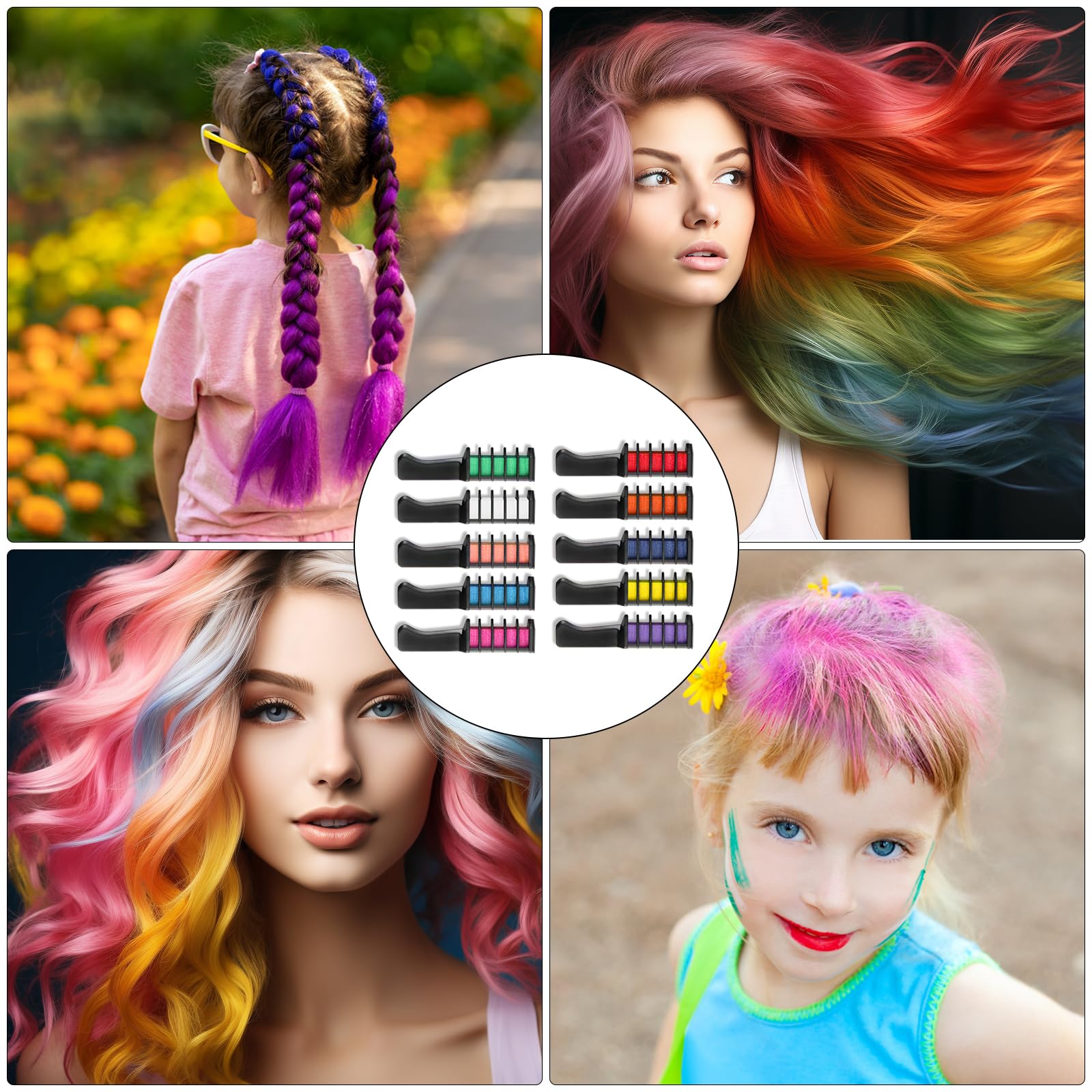 Set di 10 gessetti per capelli temporanei, per capelli, non tossici, per ragazze, tatuaggi glitterati, per carnevale, cosplay, feste, Natale e Halloween