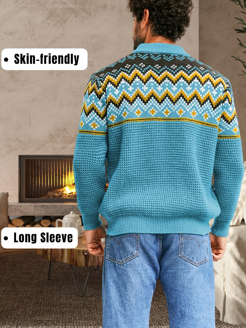 ChiaoLezhee Men's Quarter Zip Fair Isle Sweater, Pullover Waffle Knitted Stand Collar, Nordic Vintage Long Sleeve Fits 32-42