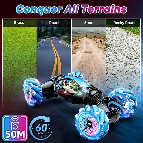 Miniatura 6 de Gigilli Auto de acrobacias RC con detección de gestos para niños de 6 a 8 a 12 años, auto giratorio con control remoto 4WD con luces de música en