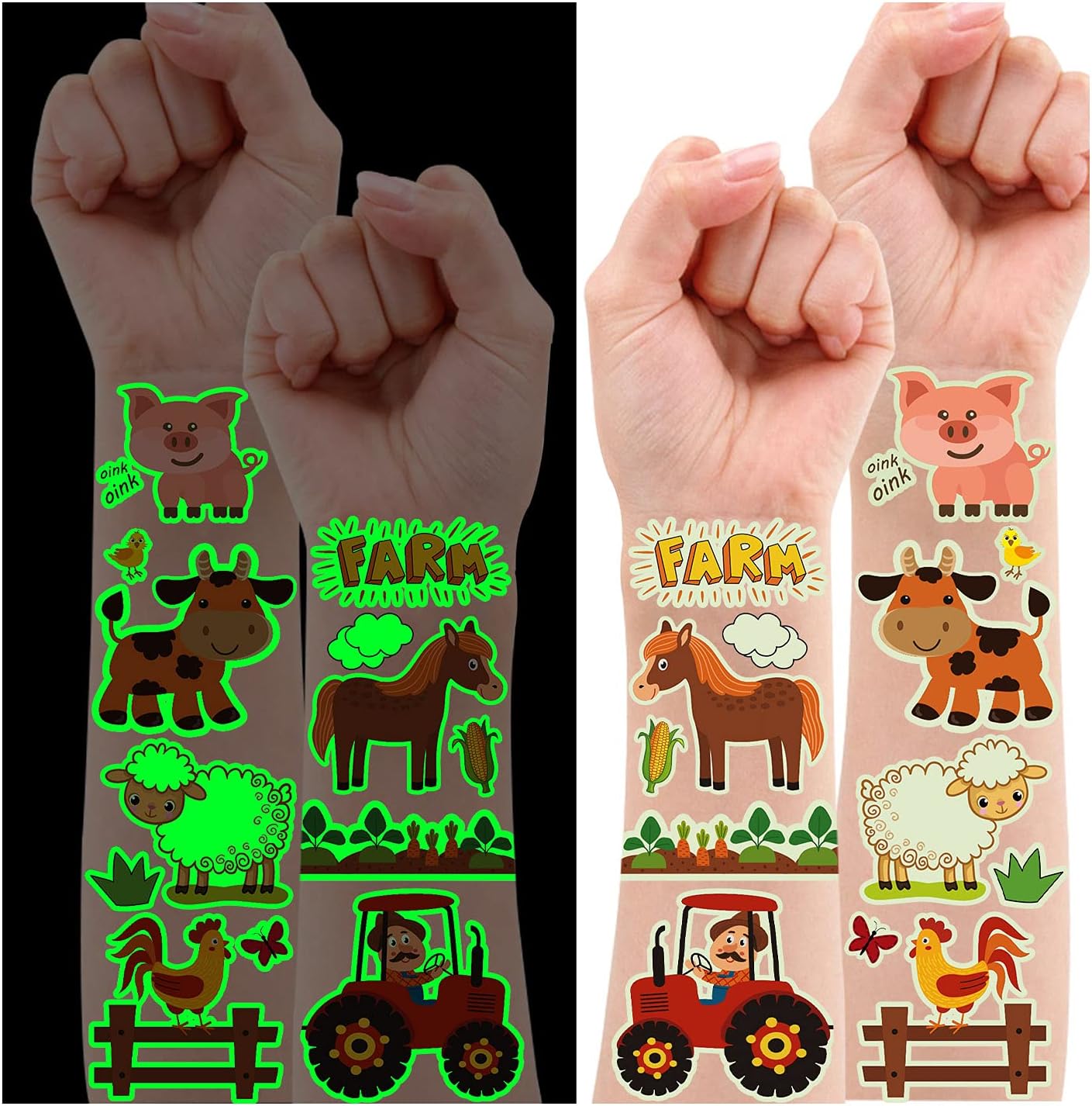 PARTYWIND165 Styles Glow Farm Animal Birthday Party Supplies Temporary Tattoos for Kids, Luminous Farm Party Decorations Favors, Glow Farm Tattoos Stickers Featuring Cow Horse Pig
