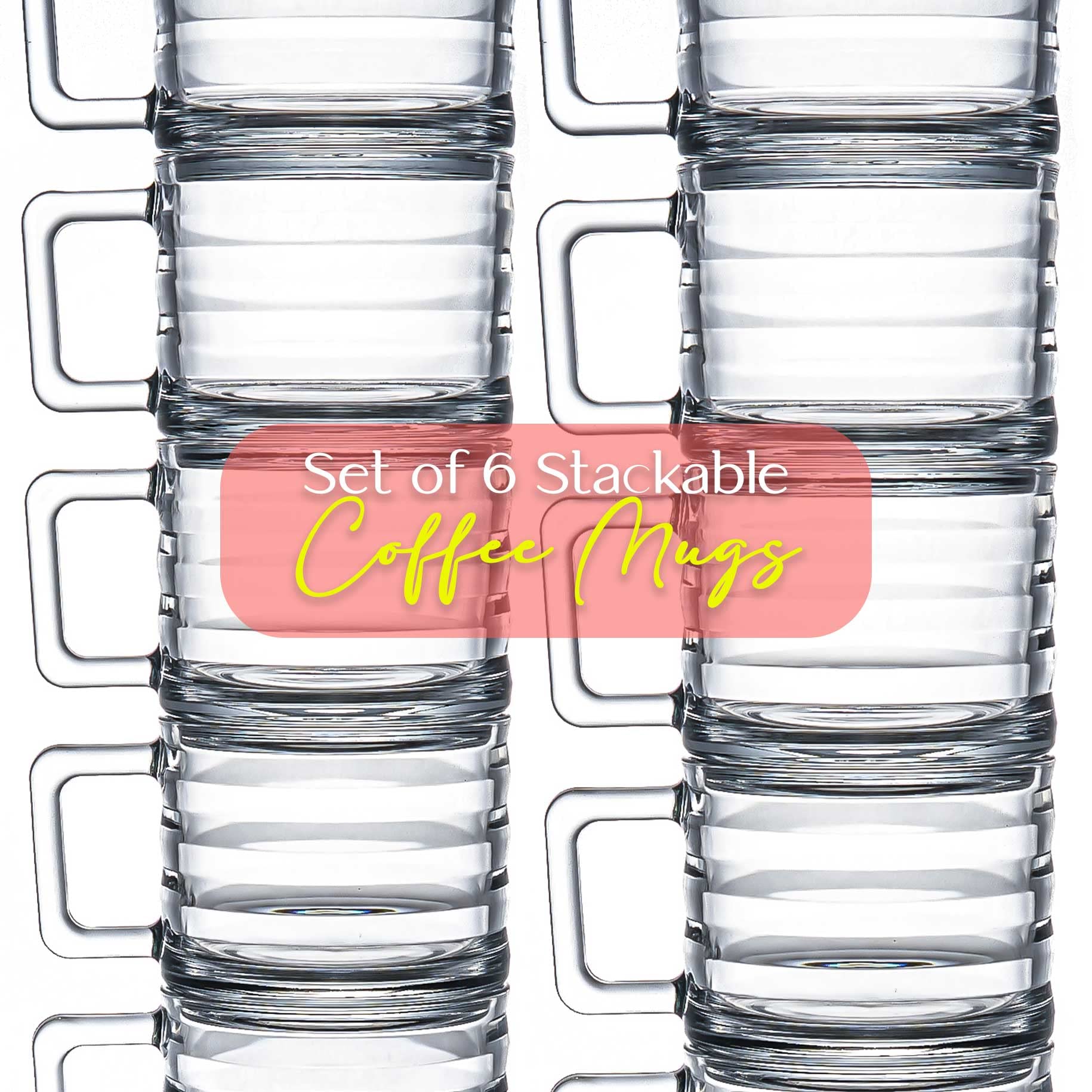 Juego de 6 Tazas de Vidrio Apilables para Café, Capuchino y Te - Vasos Totalmente Templados Con Asas para Bebidas Calientes (250 cc/8,5 oz)
