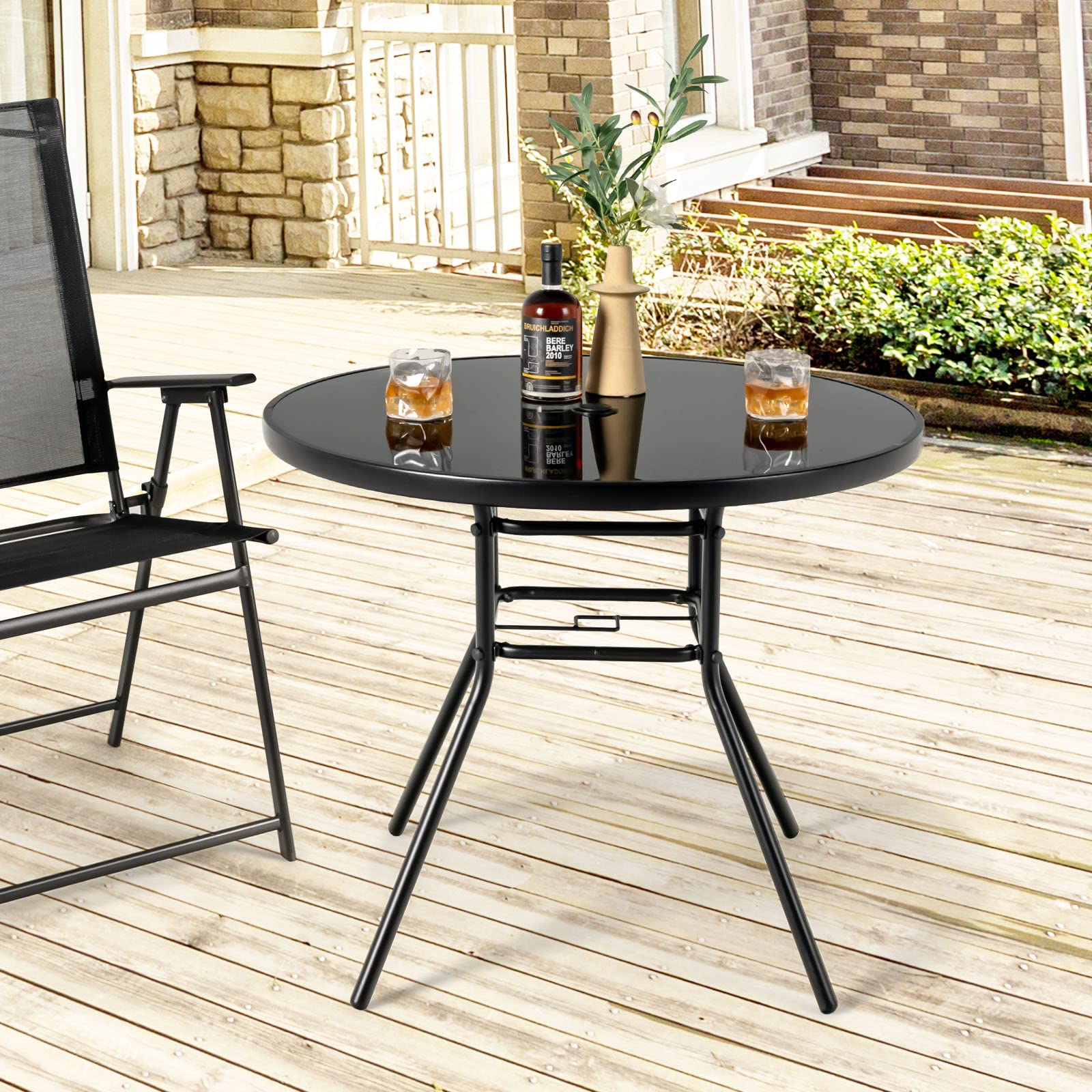 GIANTEX Table Bistrot 86 cm, Table à Manger de Jardin avec Trou pour Parasol de 3,5 cm, Plateau en Verre Sérigraphié, Cadre en Métal, Table d'Appoint Ronde, pour Jardin, Terrasse, Noir