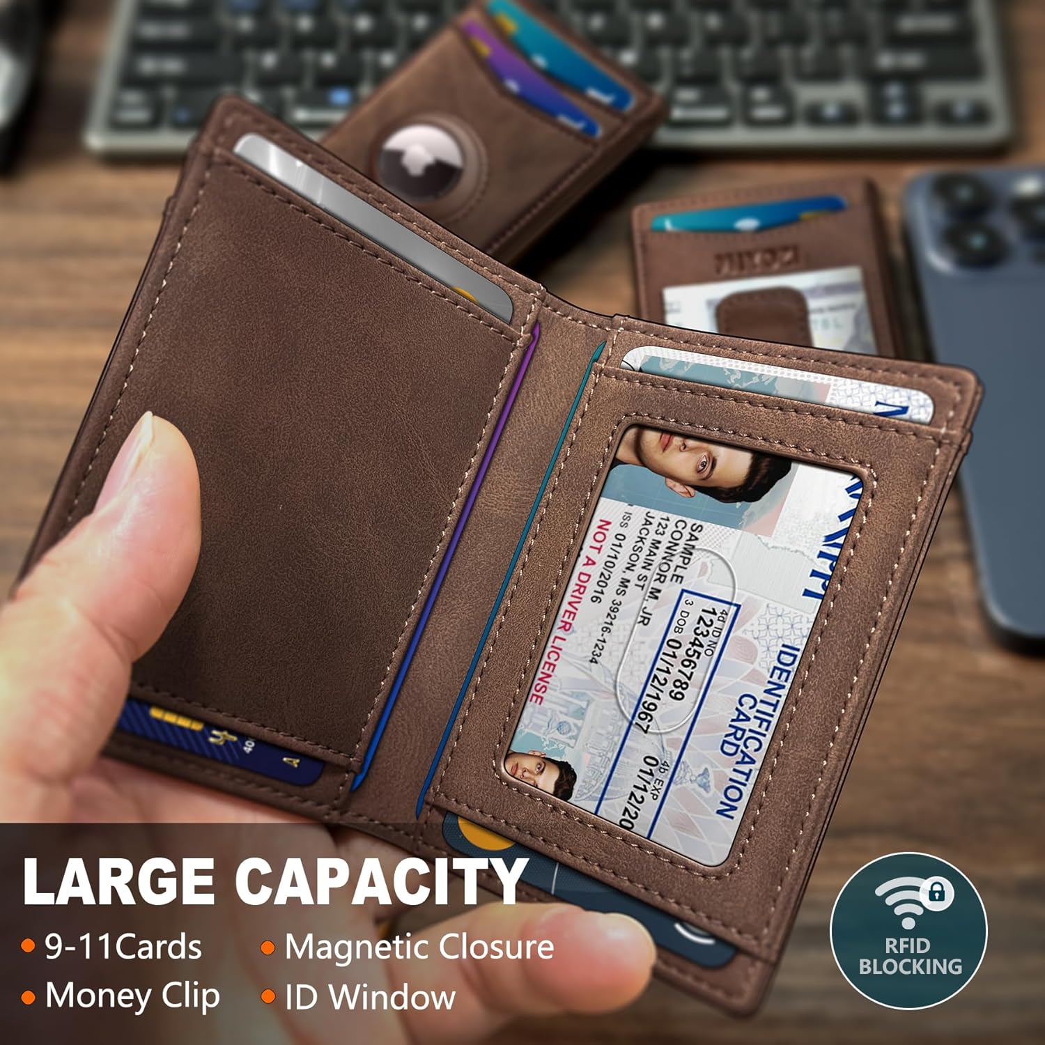 Airtag Wallet for Men- with Money Clip Gift Boxed, Magnetic Closure Slim Genuine Leather Front Pocket Wallet, 4.1"x 2.8", RFID Blocking - Image 2