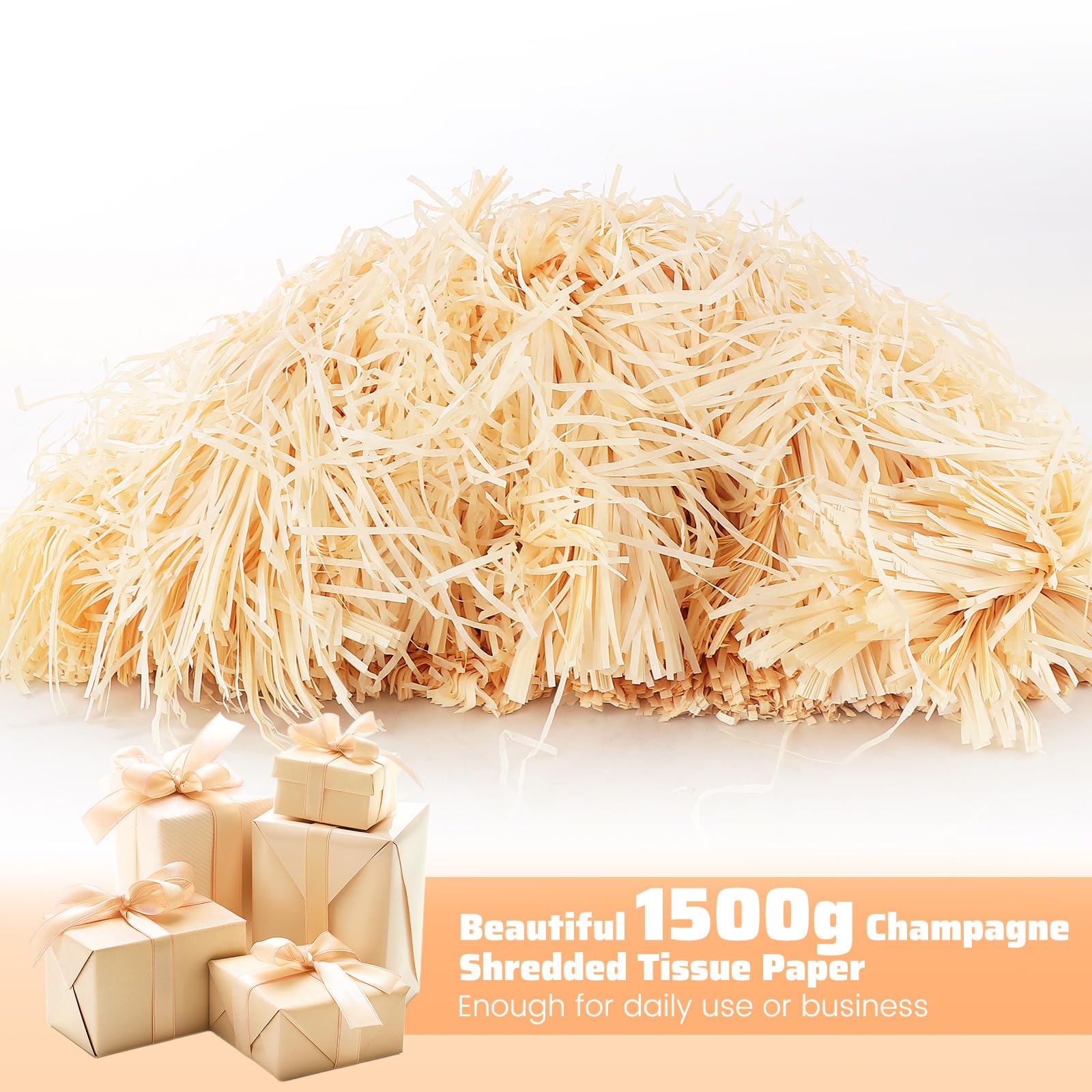 WOPPLXY Riempimento della scatola regalo della carta velina triturata champagne 1.5KG | Carta velina sminuzzata per riempire cestini, champagne, carta velina triturata per scatole regalo, cesti, imballaggi