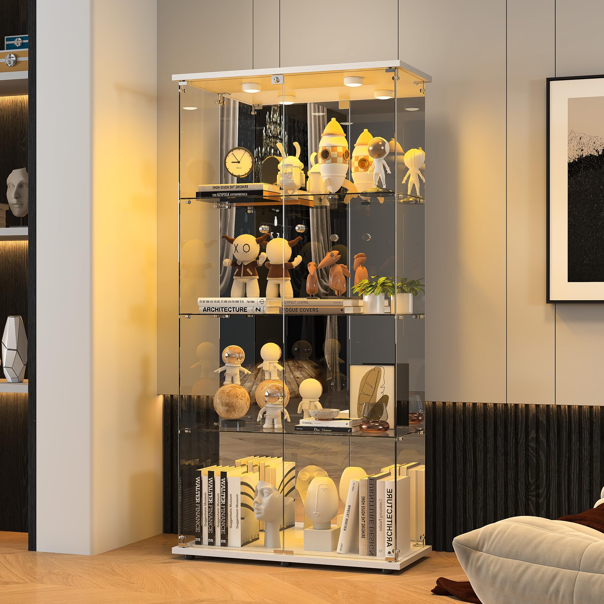 Vetrina in vetro con LED, armadio vetrina da collezione, 2 ante a serratura, 4 ripiani e fondo specchio, 164 x 80,5 x 36,5 cm, bianco