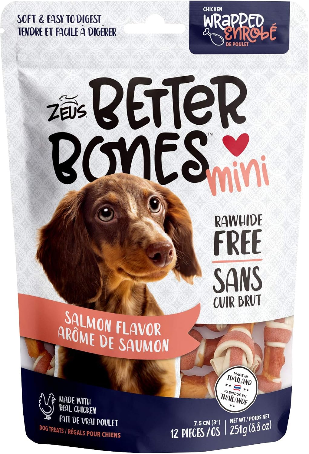 ZEUS Better Bones Dog Treats, Rawhide Free Healthy Chicken Jerky Dog Treats, Salmon and Chicken Mini Bones, 12 Count