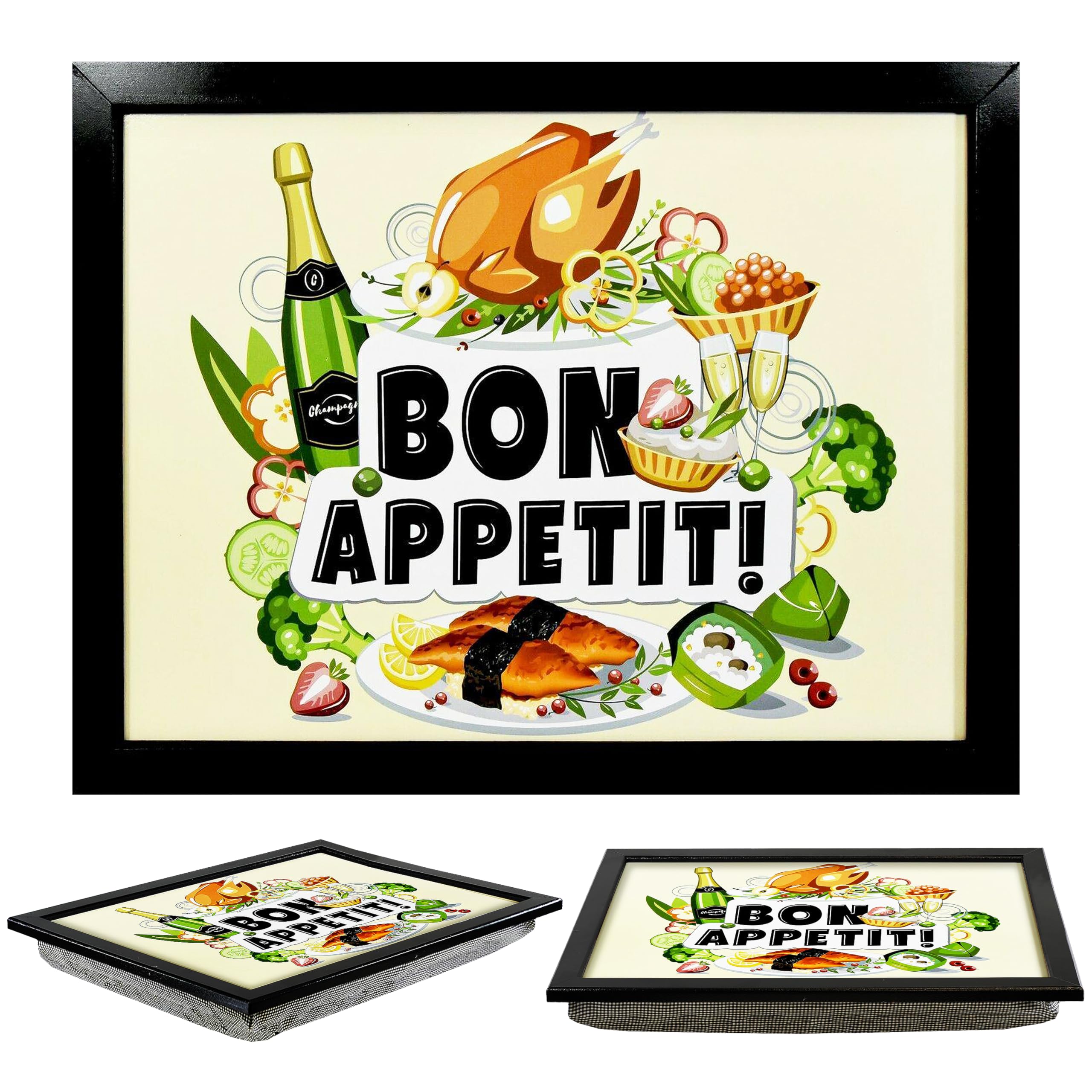 MTS Wooden Lap Tray with Bean Bag Cushion, Multipurpose - Bon Appetit | Soft padded base moulds to legs. Generous 44x34cm top holds plates, laptops or crafts. Eat or work on sofa in front of TV.