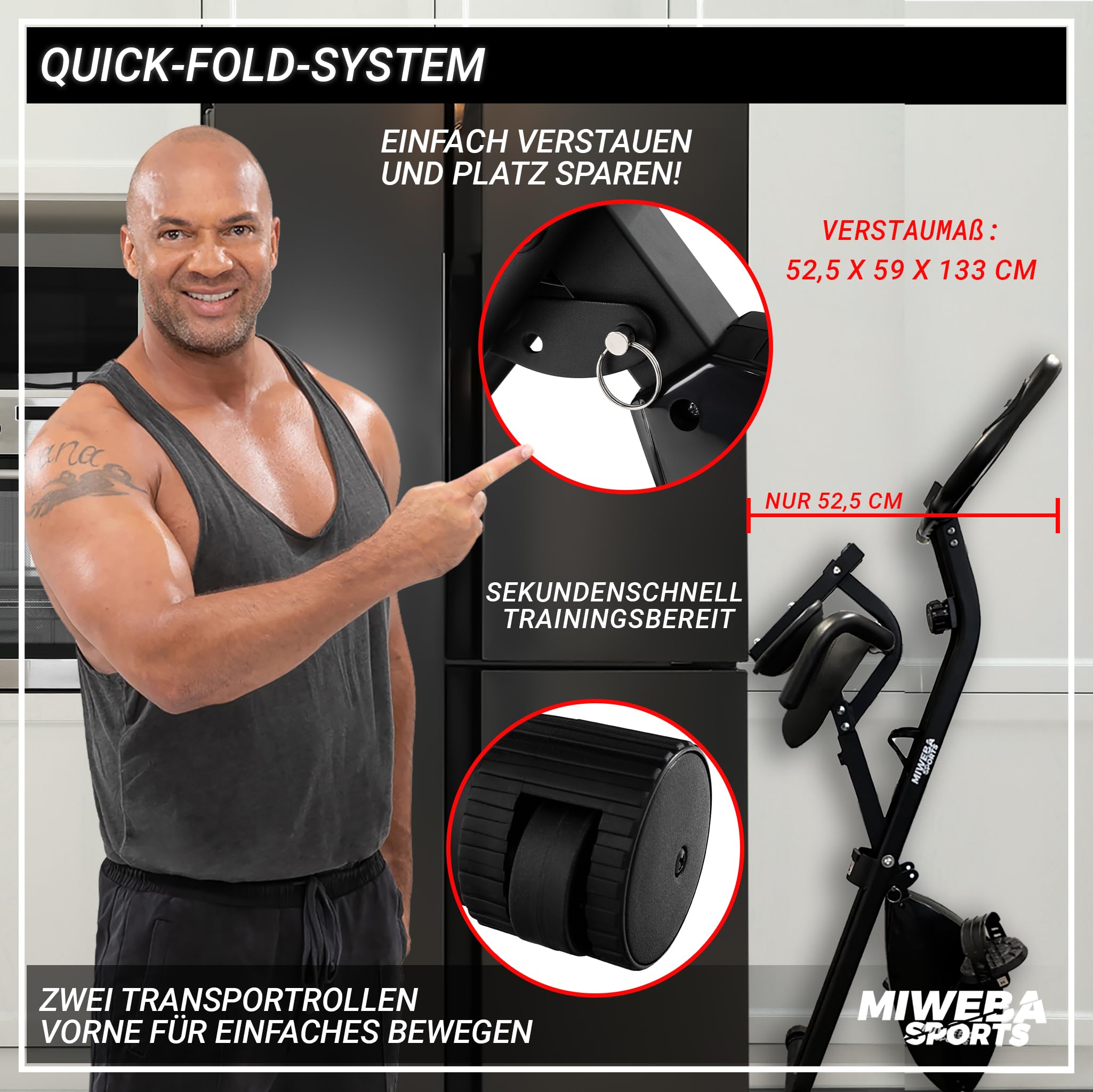 Miweba Sports Heimtrainer Fahrrad klappbar | Hometrainer leise bis 150 kg mit Komfort-Sattel | Ergometer Pedaltrainer Beintrainer Fitnessbikes Indoor Bike Home Trainer Fitness Fahrrad für Zuhause