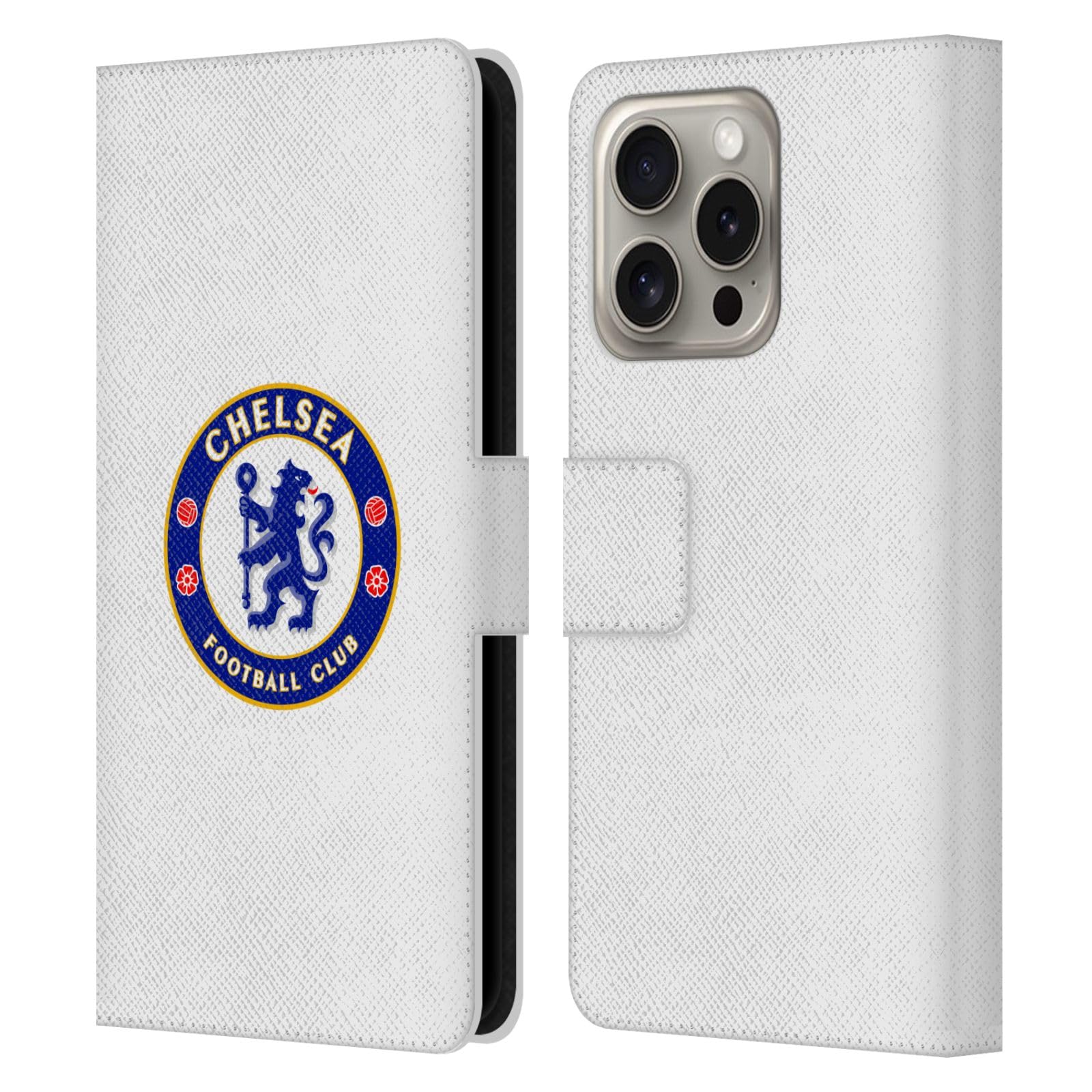 Head Case Designs Officially Licensed Chelsea Football Club Plain White Crest Leather Flip Case Compatible With Apple iPhone 16 Pro