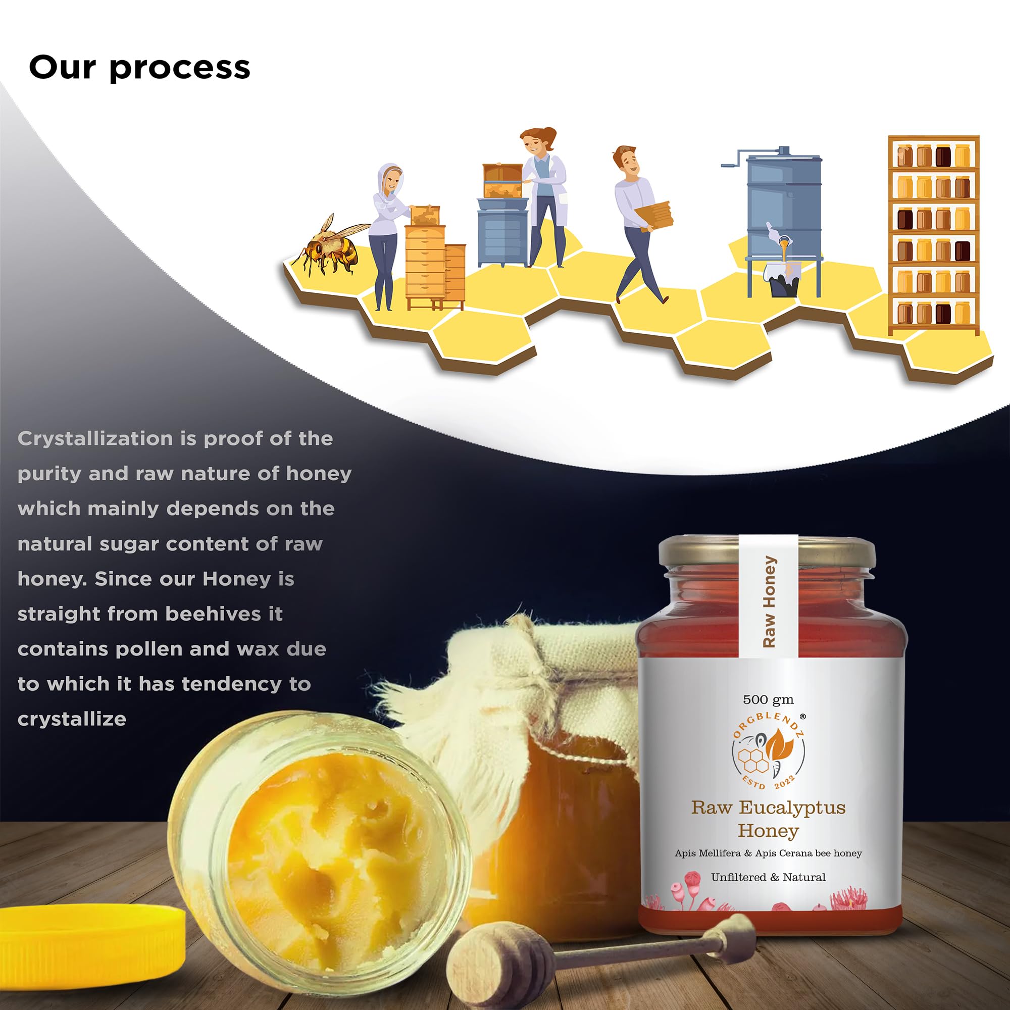ORGBLENDZ-Certified Organic Raw unprocessed Wild Eucalyptus Honey,Unrefined,Non Pasteurized,Lab Tested Sugarfree,antioxidants|Fresh|Chemical Free, No Adulteration (500 GM) 2