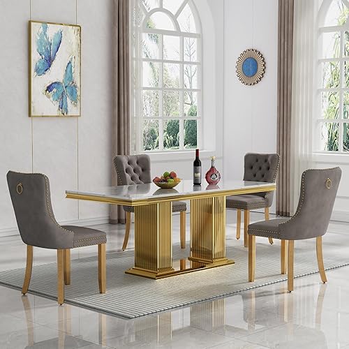 Miniatura 74 de Juego de mesa de comedor de 7 piezas, color blanco y plateado, mesa de cocina moderna de mármol sintético de 68 pulgadas con 6 sillas tapizadas Mesa