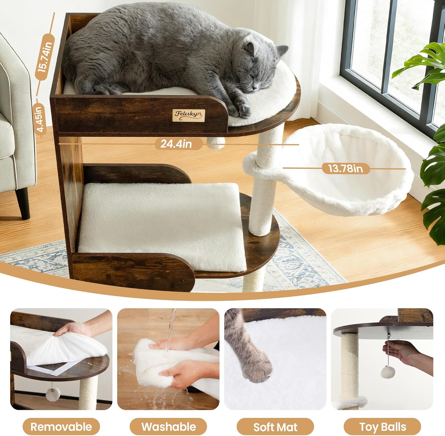 Modern Wood Cat Tree Tower for Indoor Large Cats, Cat Scratching Posts with Big Perch Bed, 44.8" Tall Multi-Level Wooden Cat Condo with Hammock, Removable Pads, Kitty Furniture, Rustic Brown