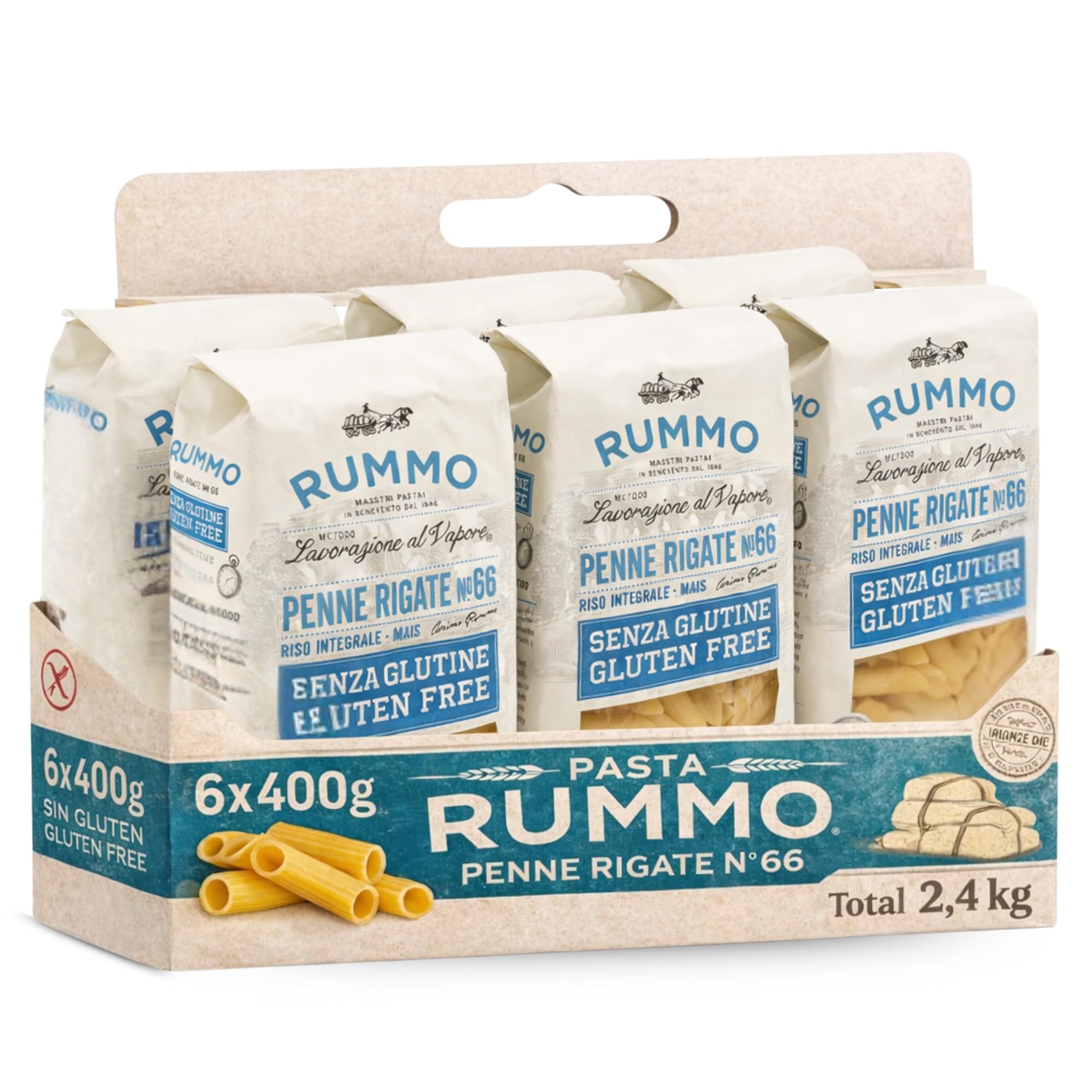 Pasta Rummo Penne Rigate SIN Gluten Nº66, Pasta Italiana, Pasta alimenticia con harina de arroz integral y maíz, Sin gluten, Elaboración lenta, Tiempo de cocción 12 minutos, 6 Paquetes de 400 gr