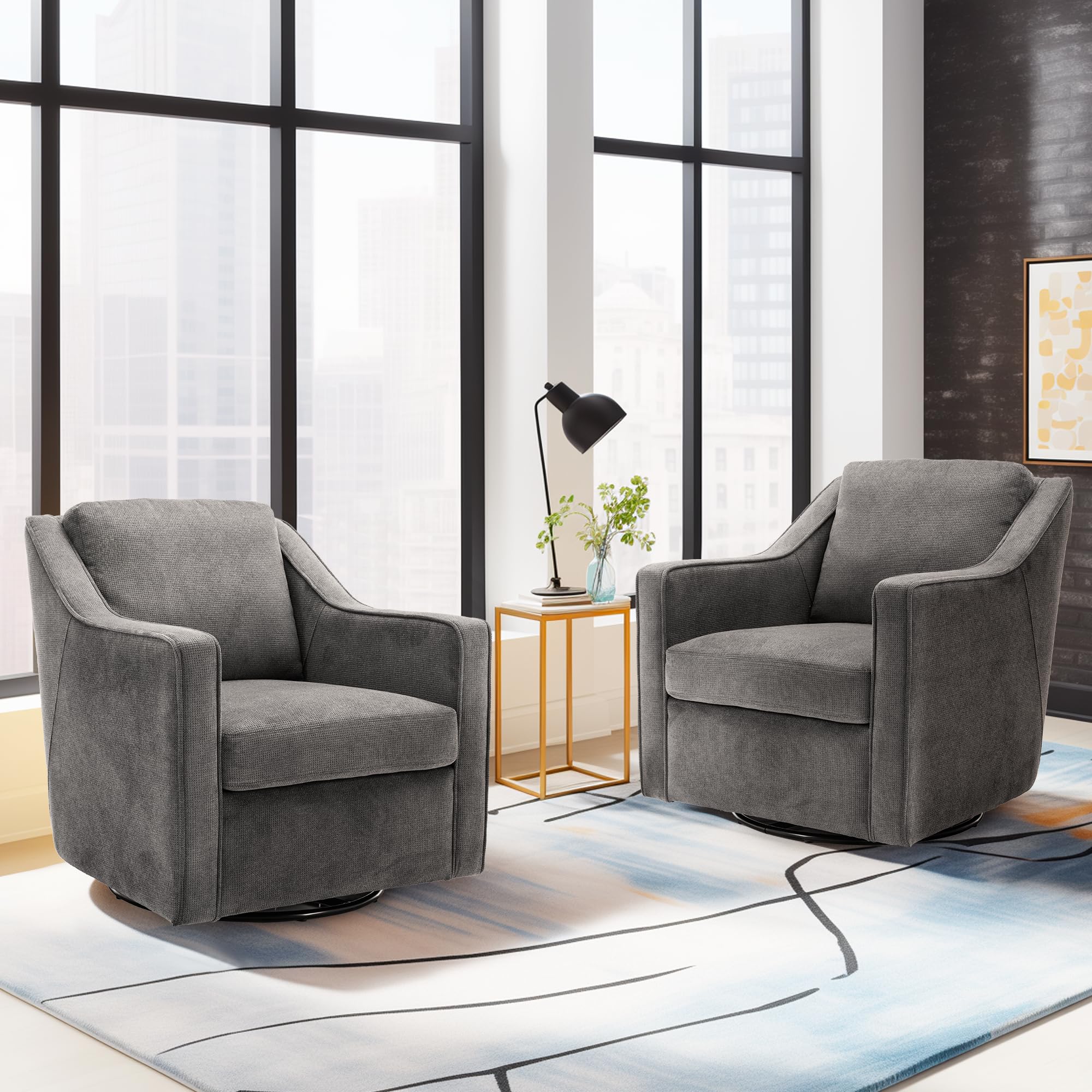 COLAMY Upholstered 360° Swivel Accent Chair, Thick Padded Arm Chair with Solid Metal Base, Comfortable Mid-Century Sofa Chair Modern Reading Chair for Living Room and Bedroom, Grey - Set of 2