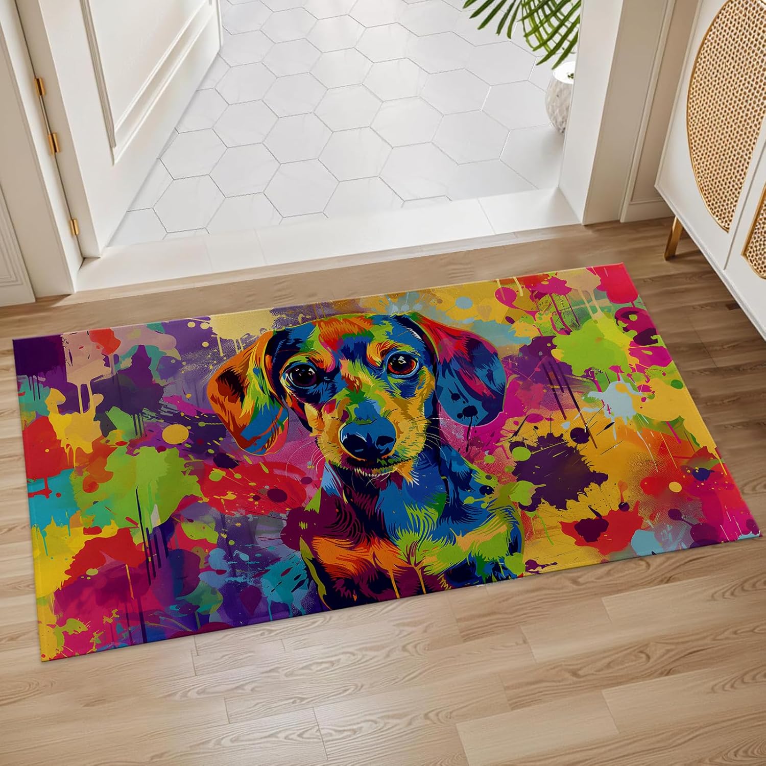 Pop Art Dachshund Indoor Door Mat, 17x29.5 Inch, Floor Area Rug for Entryway, Living Room, or Bathroom, Non-Slip Doormat, Colorful Dachshund Dog Home Decor Rug Gifts