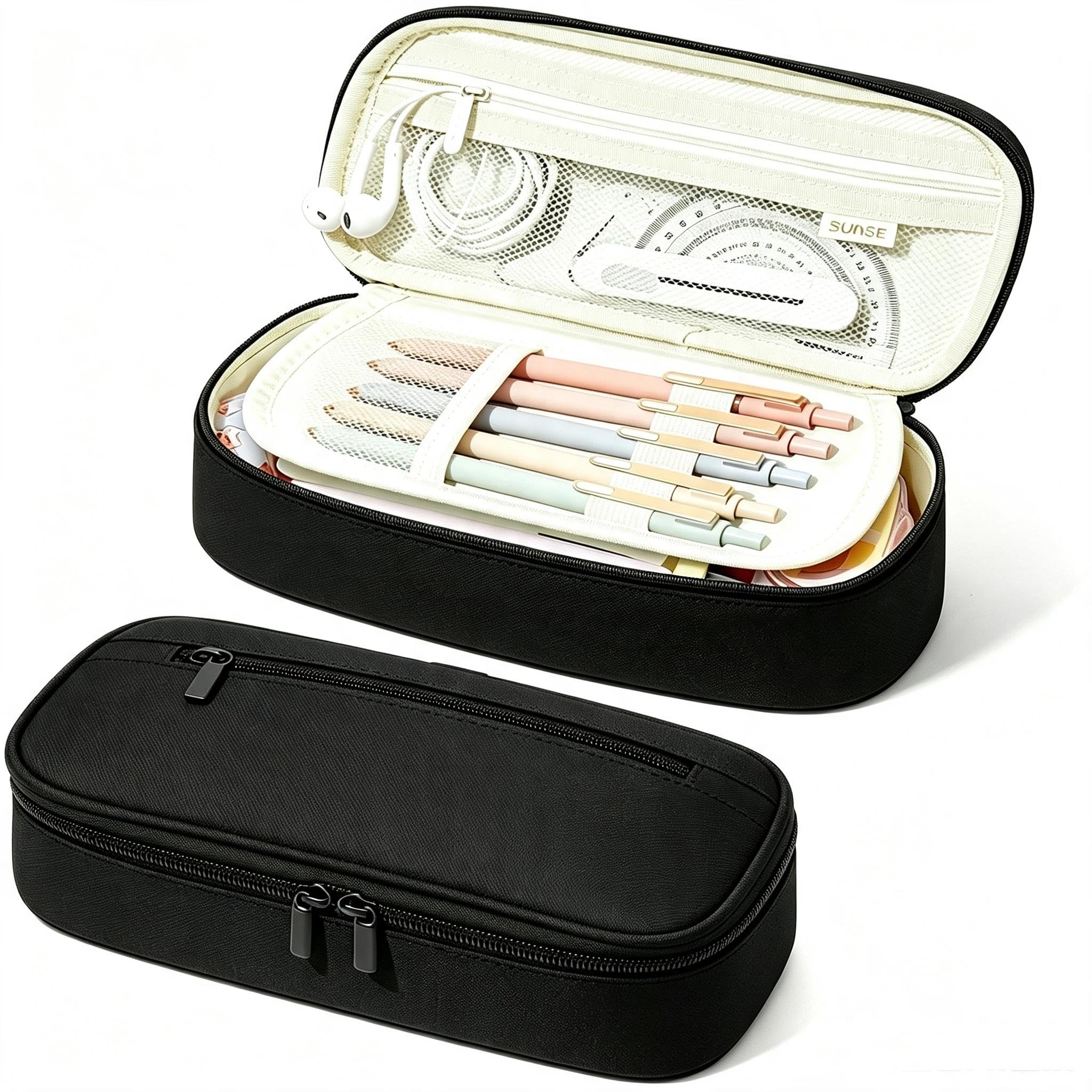 Black Pencil Case, Large Capacity Pencil Pouch 5 Compartments Pencil Cases