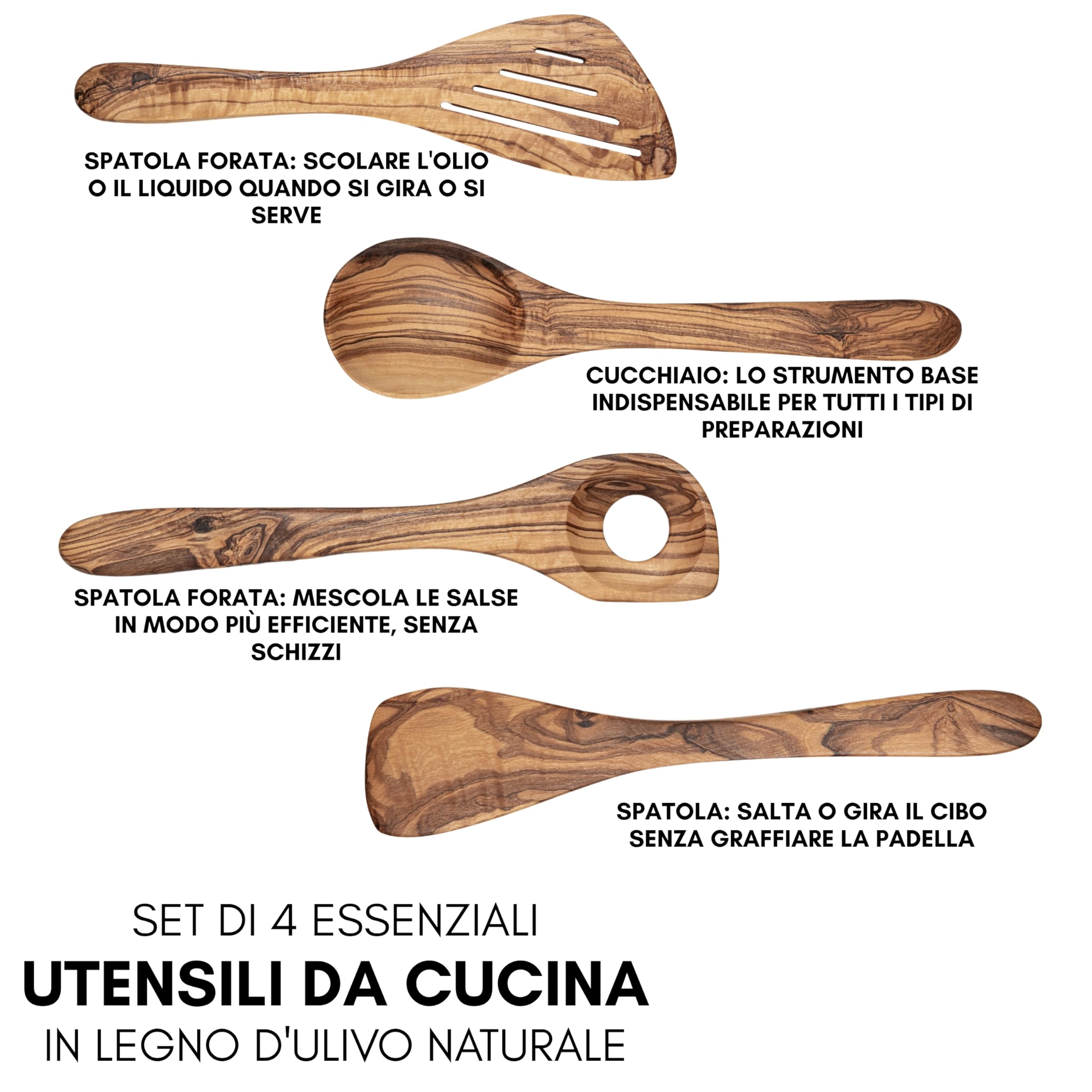 Erreke Set Utensili Cucina Legno, Realizzati a Mano in Ulivo Mediterraneo, Set Mestoli Cucina Legno, Cucchiaio, Spatola, Mensolo, Resistenti al Calore e Durevoli, 4 Pezzi