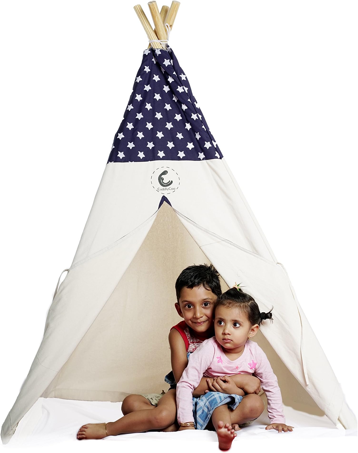 CuddlyCoo Cotton Canvas Teepee Play Tents for Kids with Wooden Dowels in Blue Star