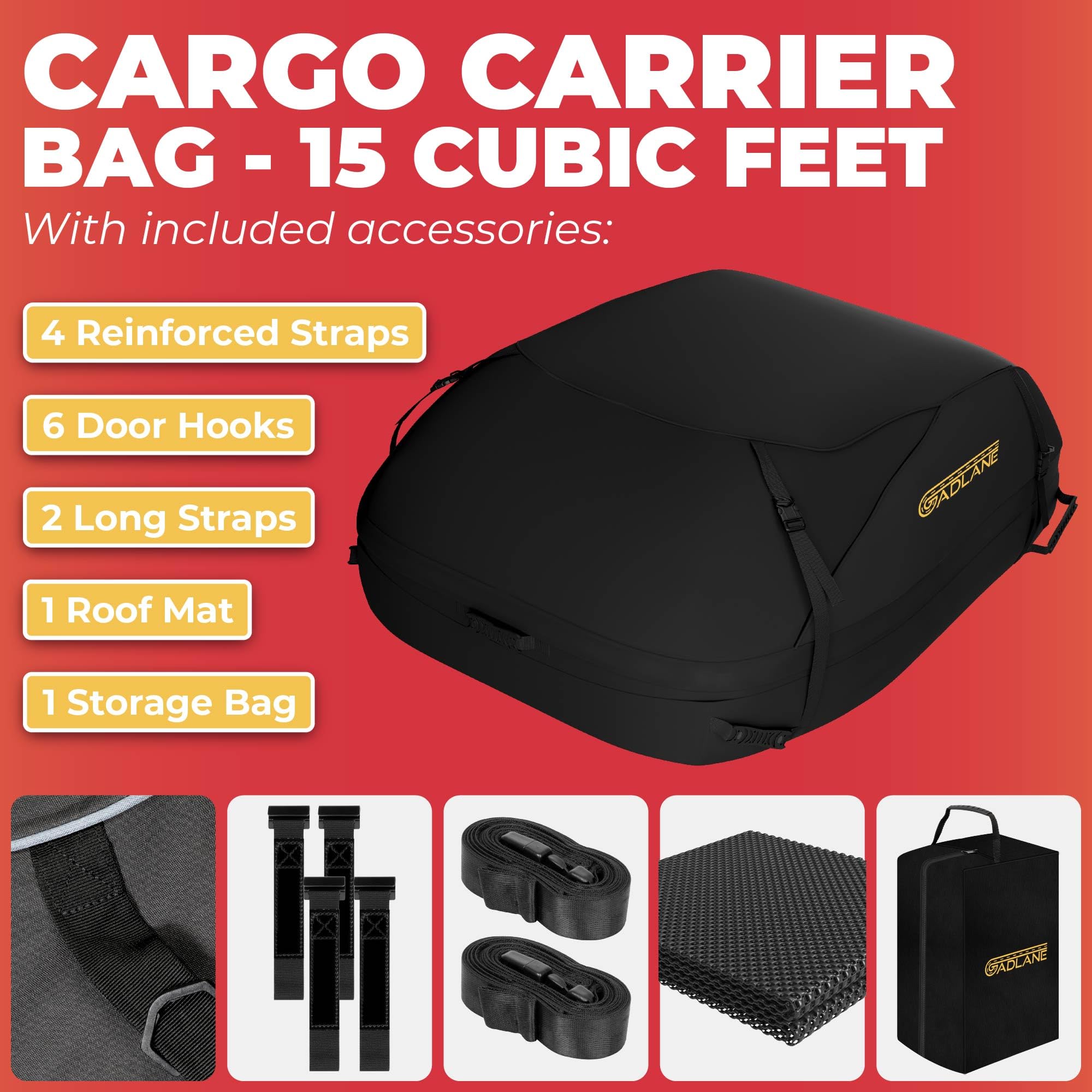 GADLANE Sac de Toit de Voiture 400L - Coffre de Toit étanche pour Voitures avec/sans Porte-Bagages de Toit - avec 4 Sangles Robustes, Tapis antidérapant et Sac de Rangement pour Voitures, SUV (Noir)