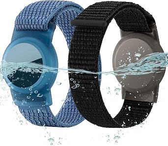 Waterproof Bracelet for Airtag Gen 1 & 2 Kids 2 Pack, Soft Nylon Hidden Air Tag Wristb Cover Lightweight GPS Holder Compatible with Apple AirTag Band for Toddler Child Black & Blue