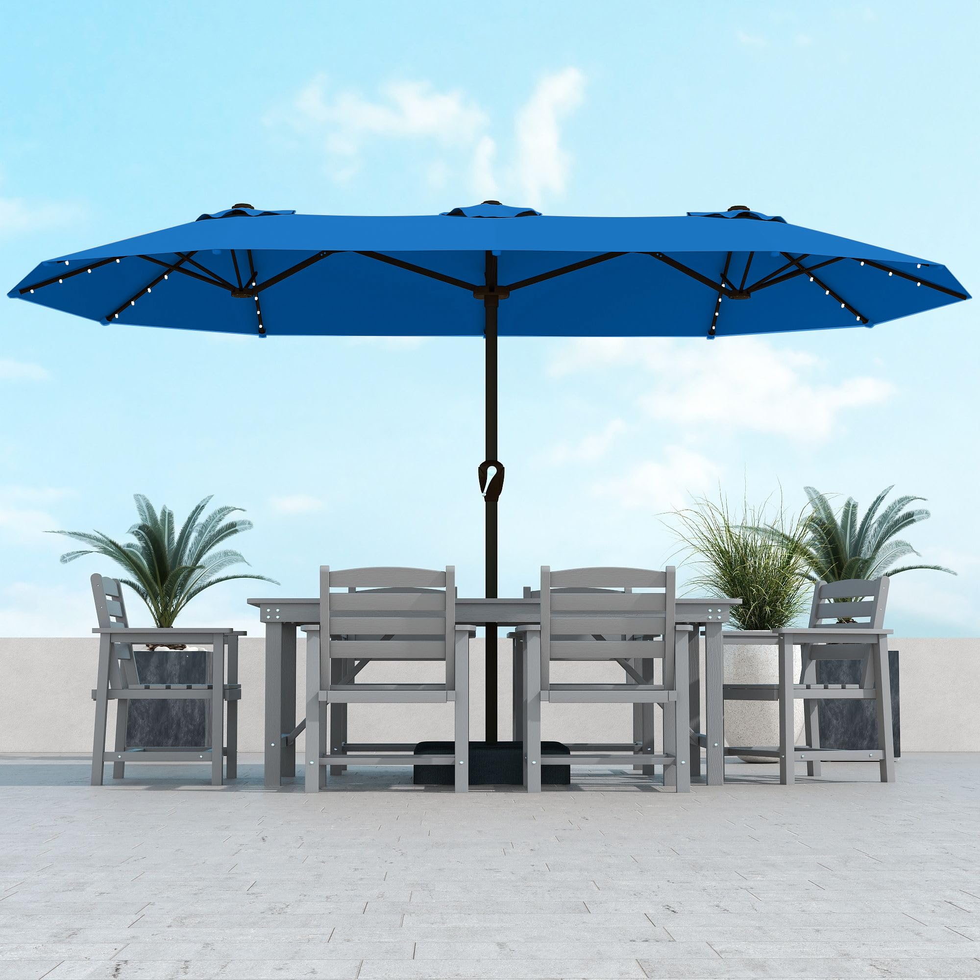 kingdura 15ft large patio umbrella with solar lights, double-sided rectangle outdoor table umbrella with base included, 12 reinforced ribs, 48 led lights, crank lift for market pool deck, royal blue