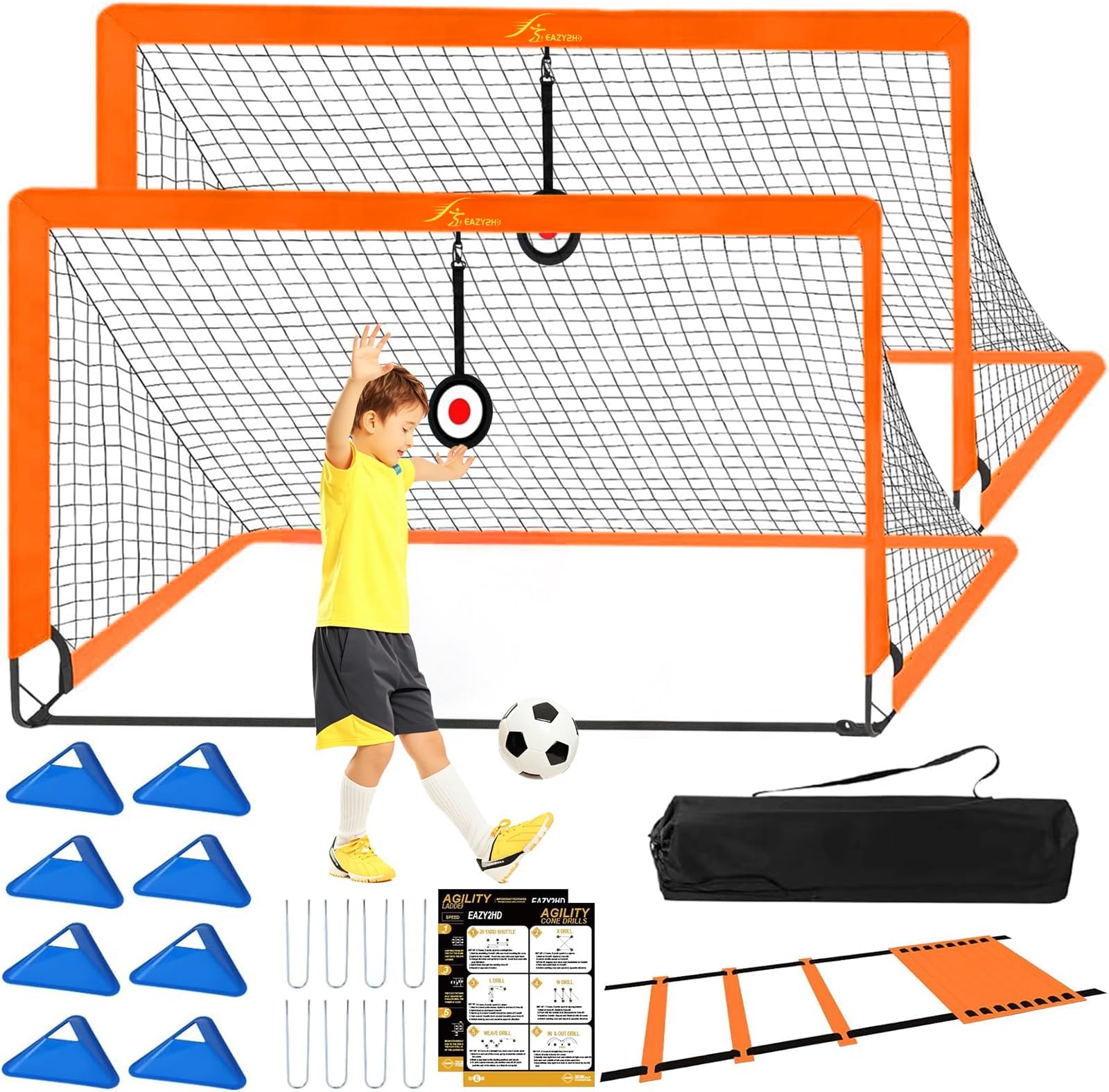 Eazy2hD 6X4 FT Soccer Goals for Backyard Set - 2PCS Portable Folding Soccer Nets for Kids, Pop Up Football Goal for Kids Youth Toddler Games, with Agility Ladder & Cones