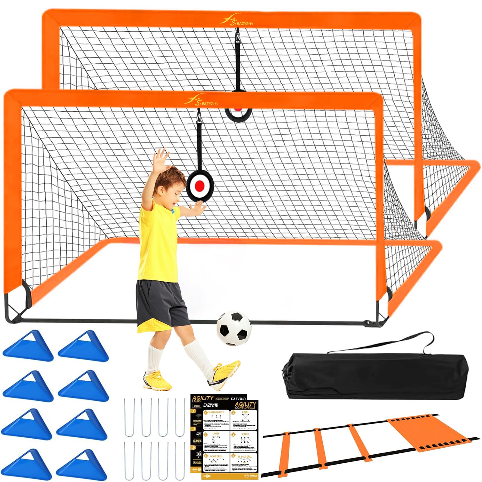 Eazy2hD 6X4 FT Soccer Goals for Backyard Set - 2PCS Portable Folding Soccer Nets for Kids, Pop Up Football Goal for Kids Youth Toddler Games, with Agility Ladder & Cones
