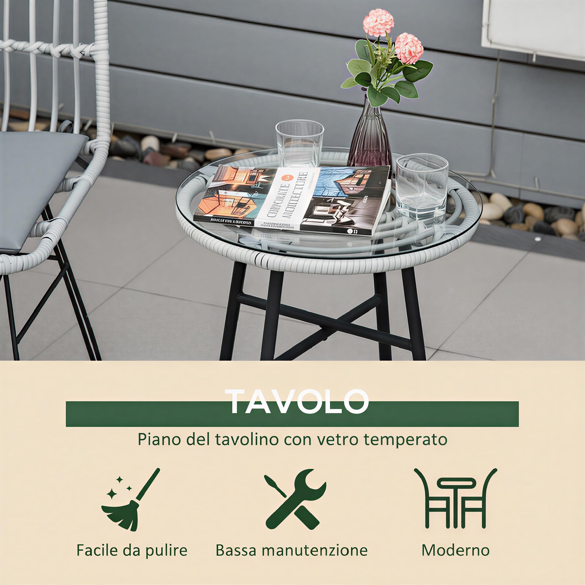 Outsunny Set di Tavolo e Sedie da Giardino da 3 Pezzi in Rattan PE e Acciaio, Set Bistrò da Giardino con Tavolino da Caffè con Piano in Vetro e 2 Sedie, per Balcone Patio Cortile Esterno, Grigio