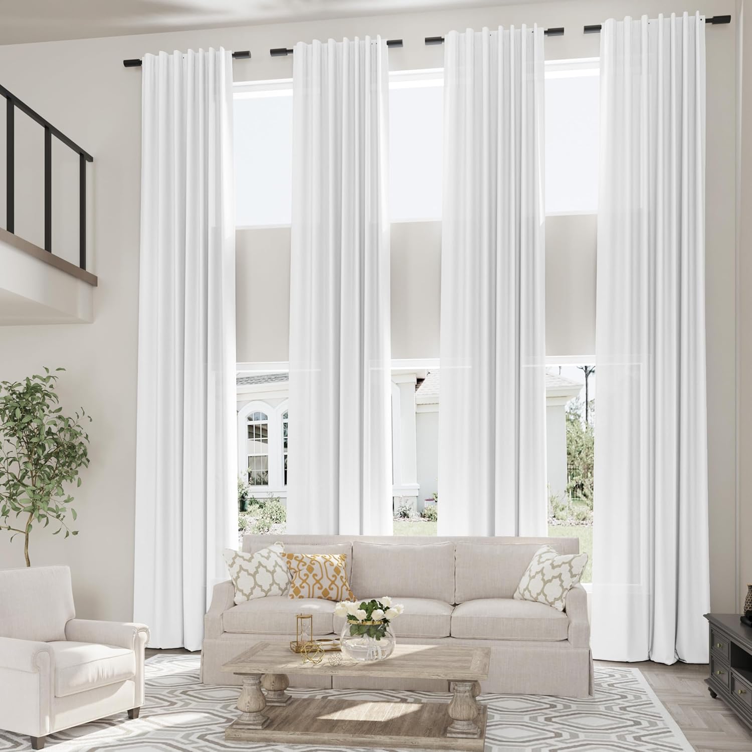 Extra Long White 216 Inch Long Curtains for High Living Room Back Tab Hooks Track System Luxury Boho Off White Semi Sheer Curtain 216 Inch Length for 2 Story Tall Window Sliding Door 18FT 1 Panel