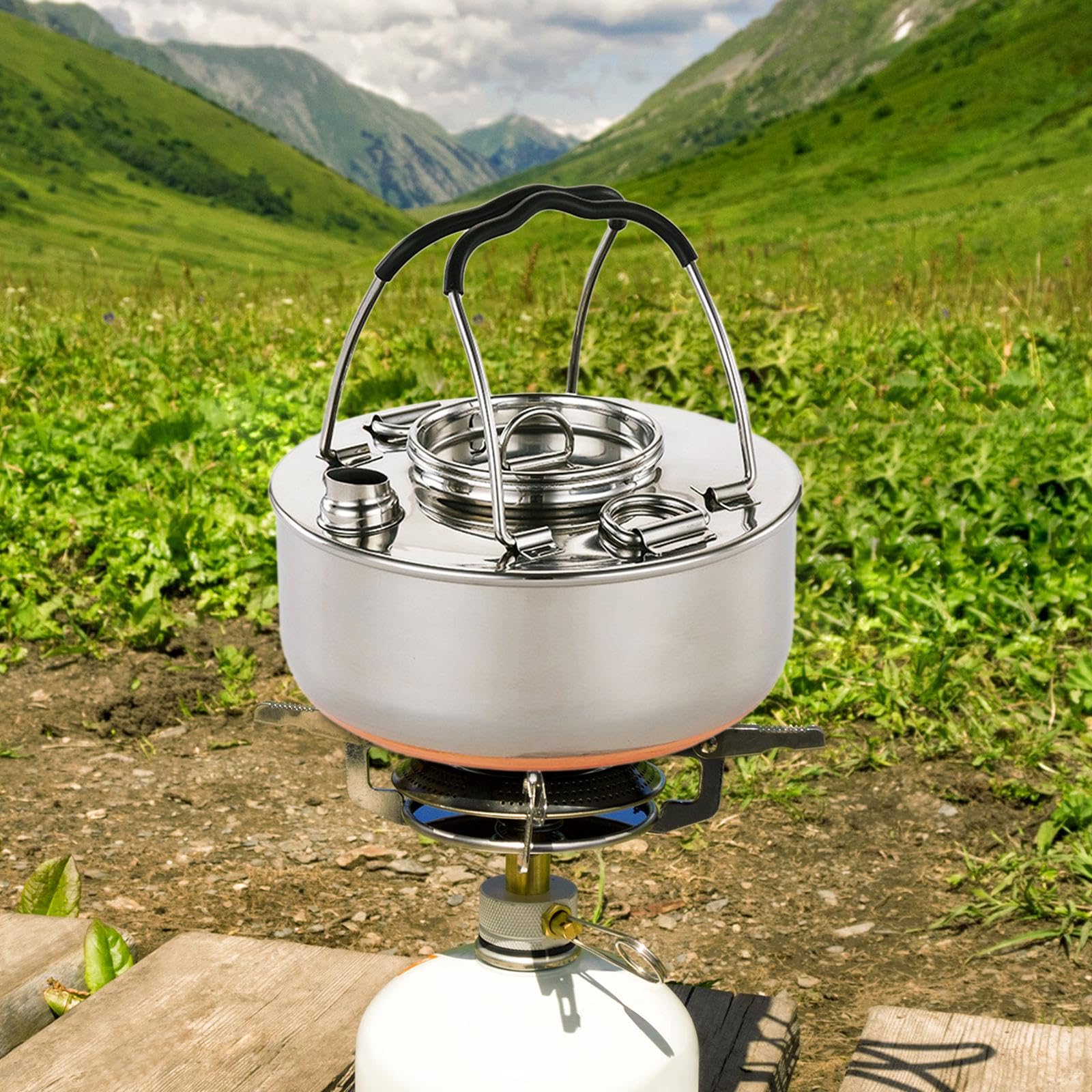 F Fityle Bouilloire Extérieure Camping Pot Inoxydable Bouilloire Transportable Résistance Couvercle Pratique Convient Cuisine Barbecue Camping Pêche